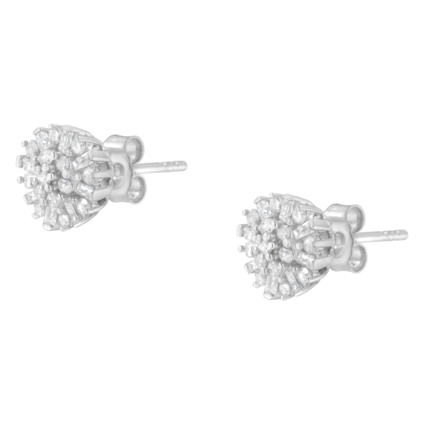 .925 Sterling Silver 1/2 Round and Baguette Diamond Sunburst Floral Cluster Stud Earrings (I-J Color, I3 Clarity) - Bijoux-NYC Direct