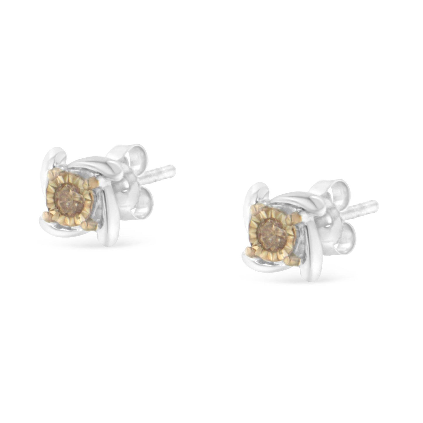 Two-Toned Sterling-Silver Diamond Stud Earring (0.10 cttw, Champagne Color, I2-I3 Clarity) - Bijoux-NYC Direct