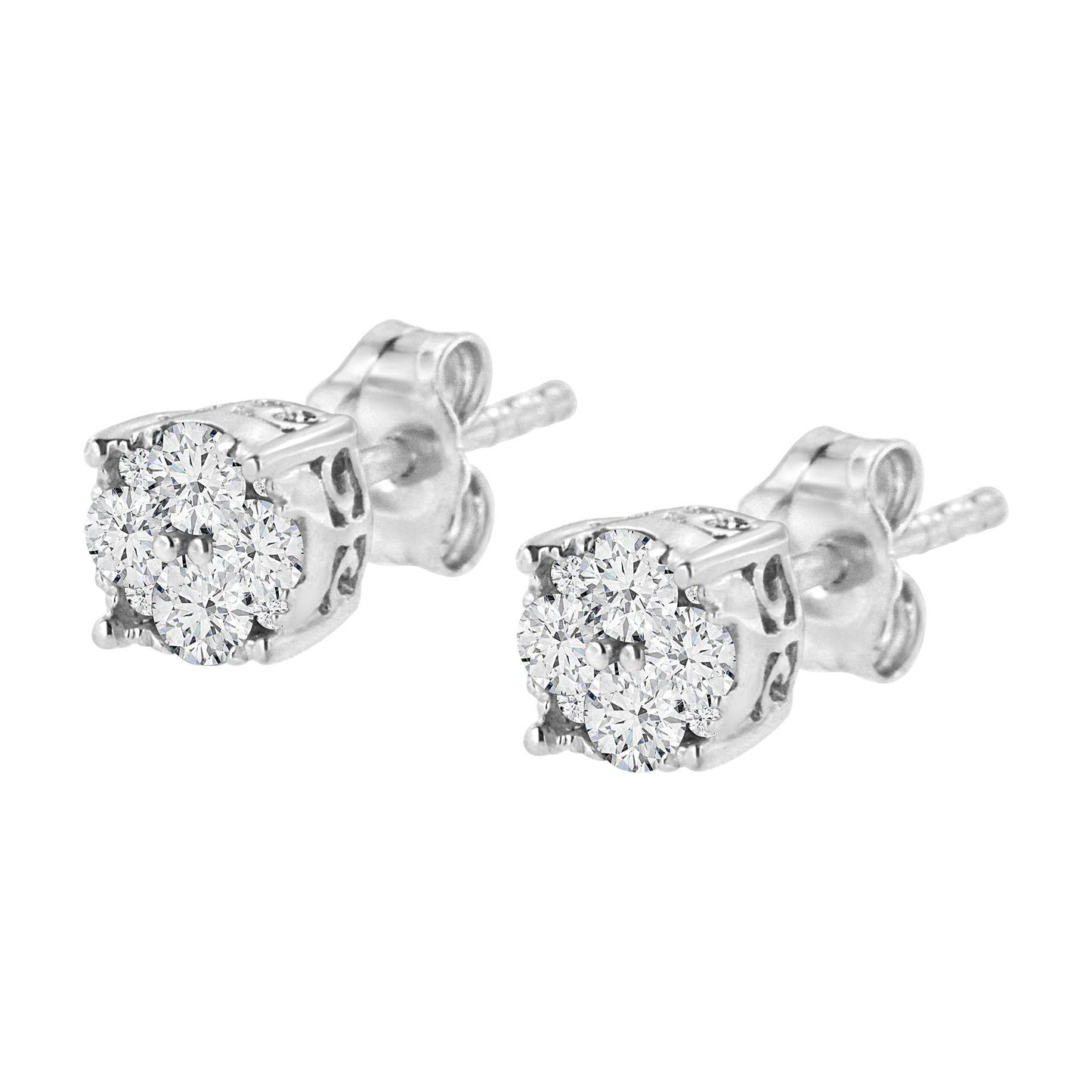 .925 Sterling Silver 1/2 cttw Prong Set Round-Cut Diamond Cluster Stud Earring (I-J Color, I2-I3 Clarity) - Bijoux-NYC Direct