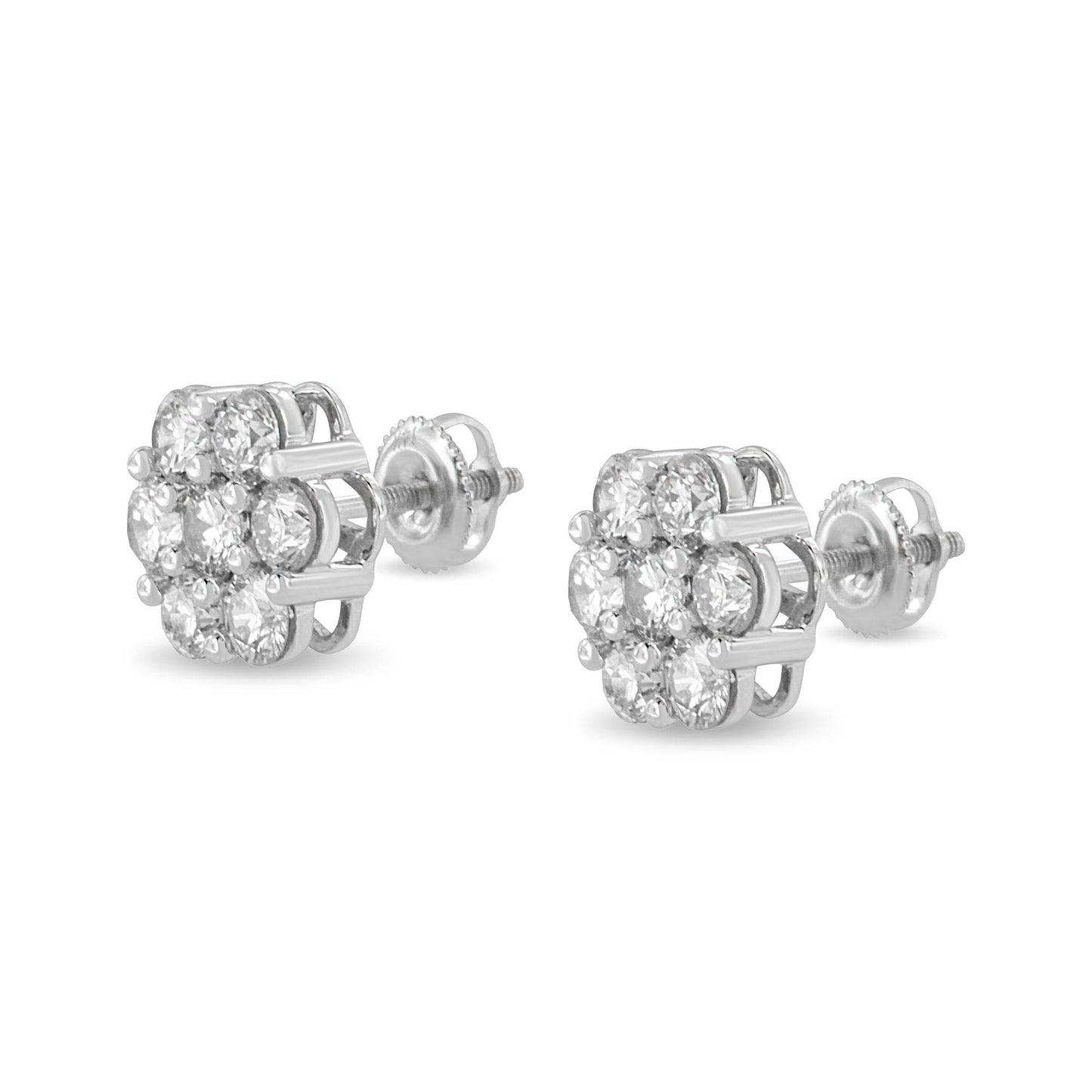14K White Gold 3 cttw Prong Set Round-Cut Diamond Floral Cluster Stud Earring (I-J Color, SI1-SI2 Clarity) - Bijoux-NYC Direct