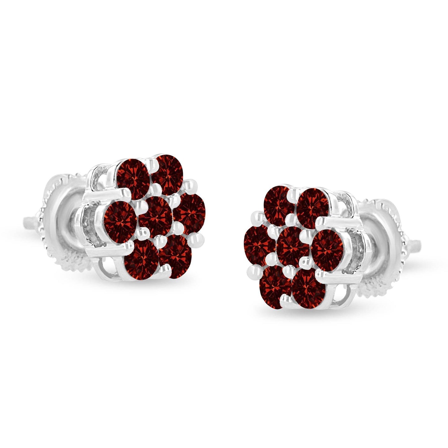 14K White Gold 1.0 Cttw Treated Red Diamond Prong Set 7 Stone Floral Stud Earrings (Treated Red Color, SI2-I1 Clarity) - Bijoux-NYC Direct