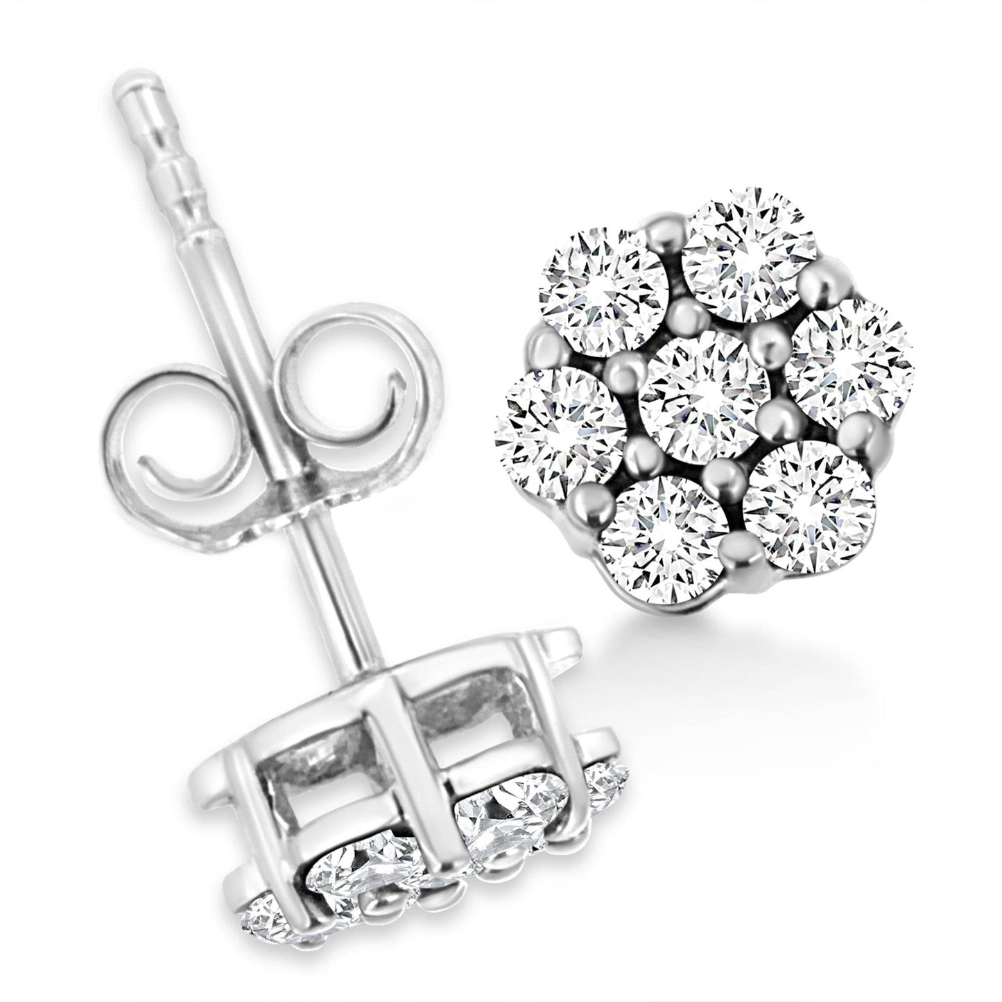 14K White Gold 1/2 Cttw Prong Set Round-Cut Diamond Flower Stud Earring (H-I Color, I1-I2 Clarity) - Bijoux-NYC Direct