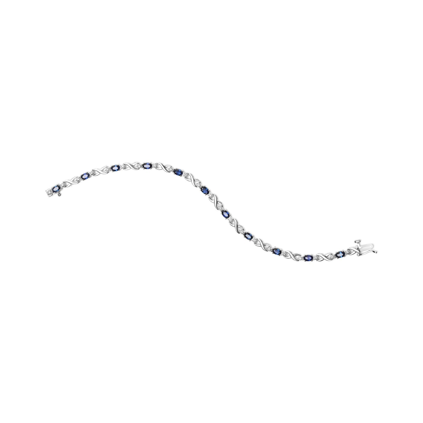10K White Gold 5x4mm Oval Sapphire Gemstone and 1/10 Cttw Diamond Prong Set "X" Link Bracelet - Size 7" (H-I Color, SI1-SI2 Clarity) - Bijoux-NYC Direct
