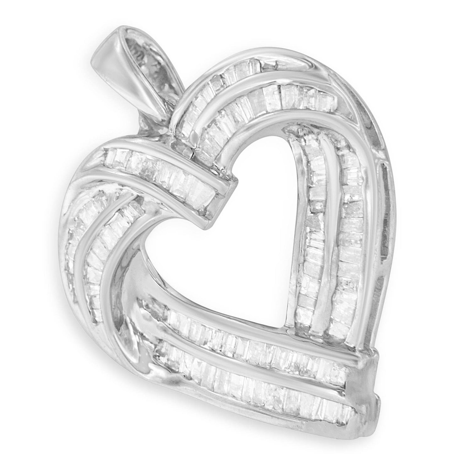 Sterling Silver 7/8 cttw Baguette Diamond Heart Pendant Necklace (I-J, I2-I3) - Bijoux-NYC Direct
