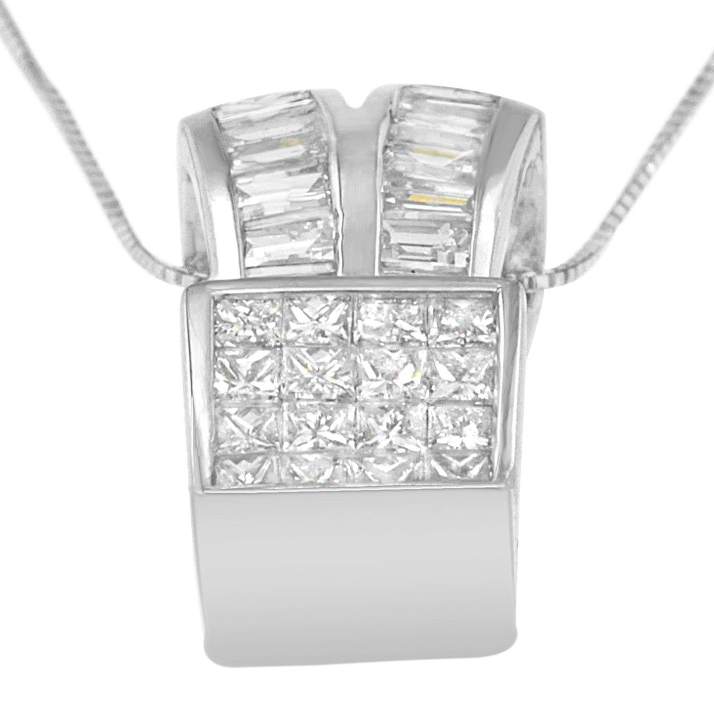14K White Gold 1 5/8 cttw Princess and Baguette Cut Diamond Heart Ribbon Pendant Necklace (G-H, VS1-VS2) - Bijoux-NYC Direct