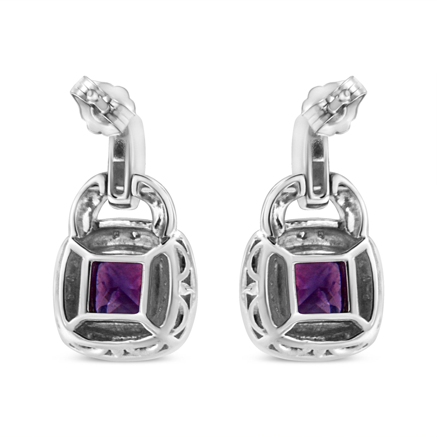 .925 Sterling Silver 8MM Natural Cushion Shaped Amethyst and Diamond Accent Halo with Push Back Dangle Earrings (I-J Color, I2-I3 Clarity) - Bijoux-NYC Direct