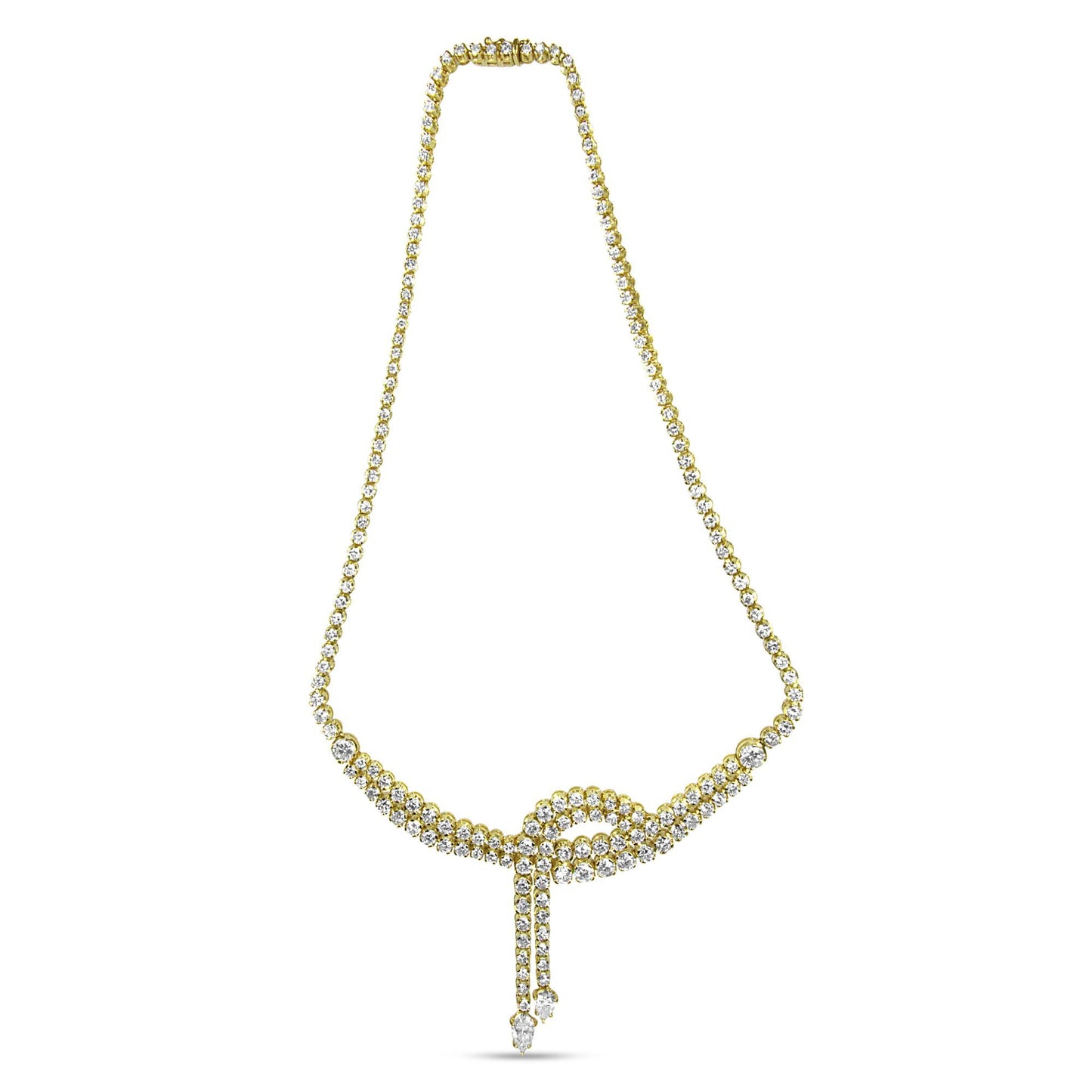 14k Yellow Gold 17.0 Cttw Diamond Double Row Lariat 18" Inch Tennis Necklace with Pear Shape Diamond Drop Tips (I-J Color, VS2-SI1 Clarity) - Bijoux-NYC Direct