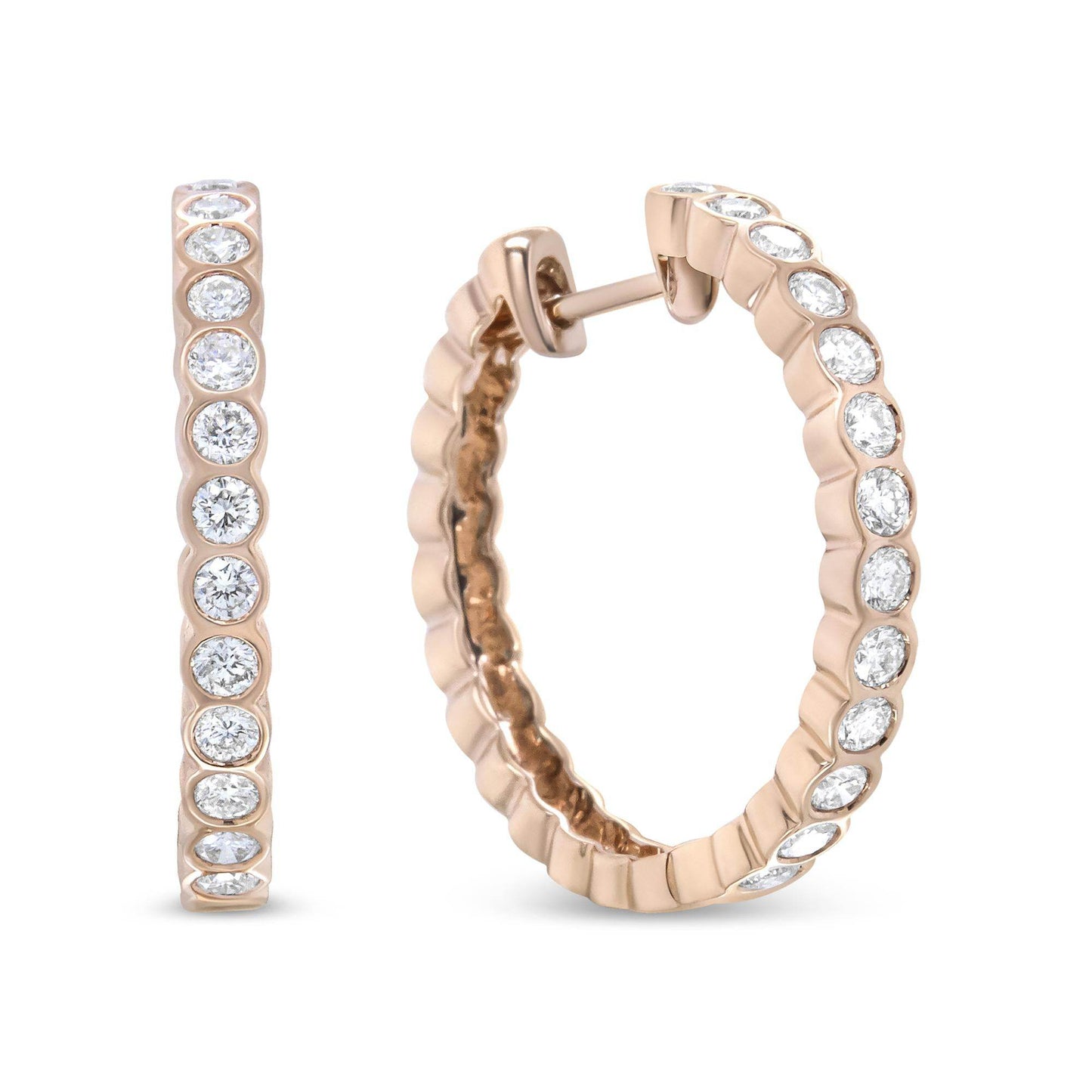 18K Rose Gold 1 Cttw Round Bezel-Set Diamond Hoop Earrings (F-G Color, VS1-VS2 Clarity) - Bijoux-NYC Direct