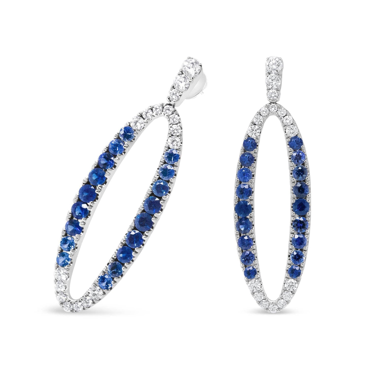 18K White Gold 1.11 Cttw Blue Round Diamond and Blue Sapphire Openwork Oval Shaped Dangle Earrings (F-G Color, VS1-VS2 Clarity) - Bijoux-NYC Direct