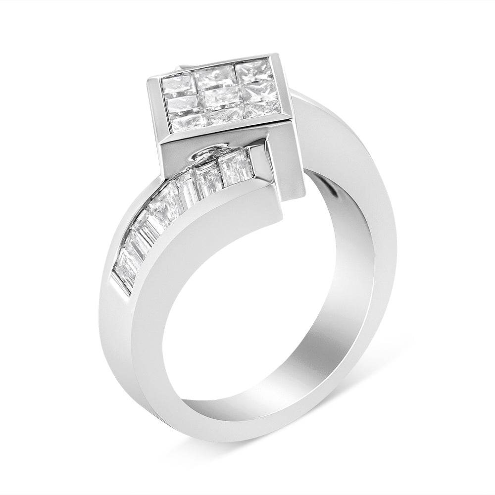 14K White Gold 2 1/5 Cttw Invisible-Set Princess and Channel-Set Baguette Diamond Bypass Kite-Set Ring (G-H Color, VS2-SI1 Clarity) - Bijoux-NYC Direct