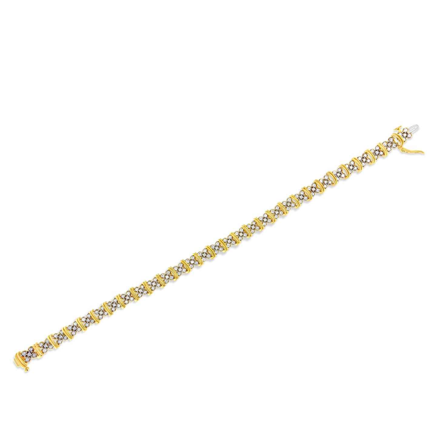 10K Yellow Gold Plated .925 Sterling Silver 2.0 Cttw Round Diamond Cluster "X" Shaped Link Bracelet (H-I Color, I3 Clarity) - 7" - Bijoux-NYC Direct
