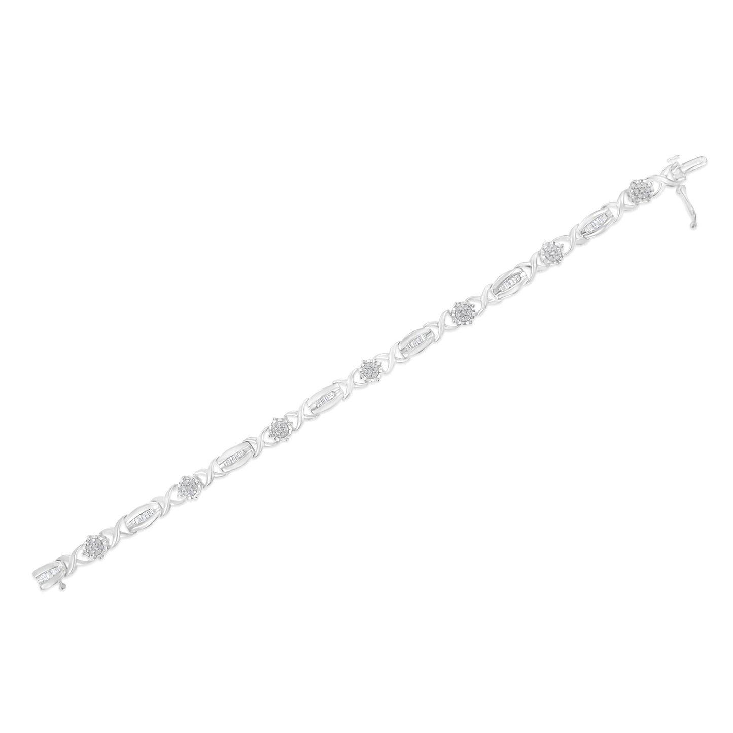 .925 Sterling Silver 1.0 Cttw Round-Cut and Baguette-Cut Diamond X-Link Bracelet (I-J Color, I1-I2 Clarity) - 7" - Bijoux-NYC Direct