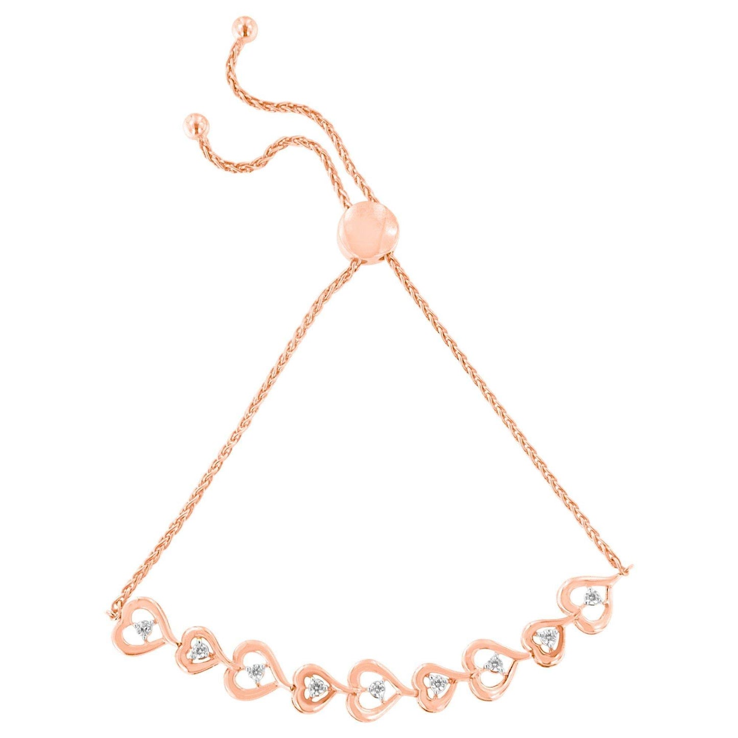 Rose Plated Sterling Silver Diamond Heart-Linked Bolo Bracelet (0.30 cttw, H-I Color, I2-I3 Clarity) - Bijoux-NYC Direct