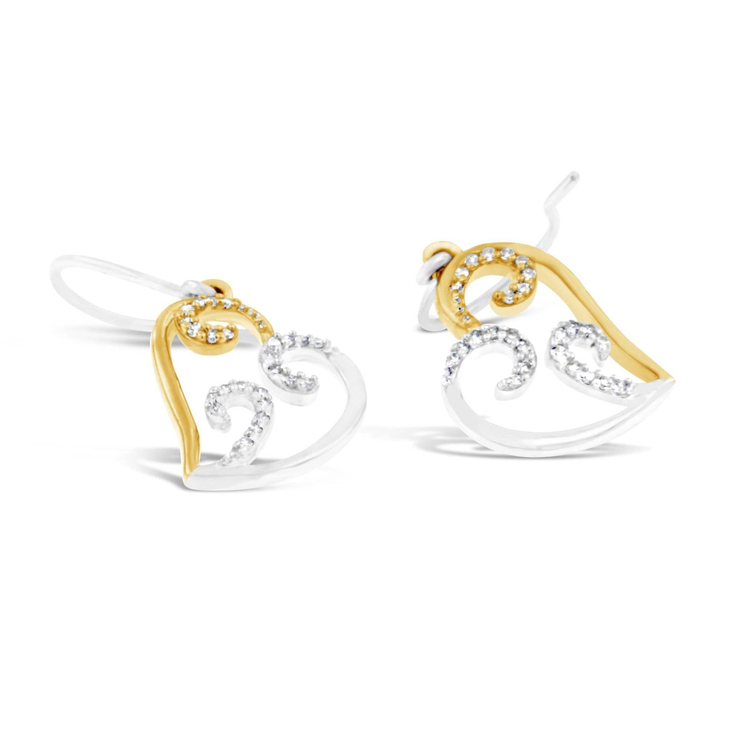 10K Two-tone Gold Round Diamond Heart Dangle Earrings (1/4 cttw, I-J Color, I2-I3 Clarity) - Bijoux-NYC Direct