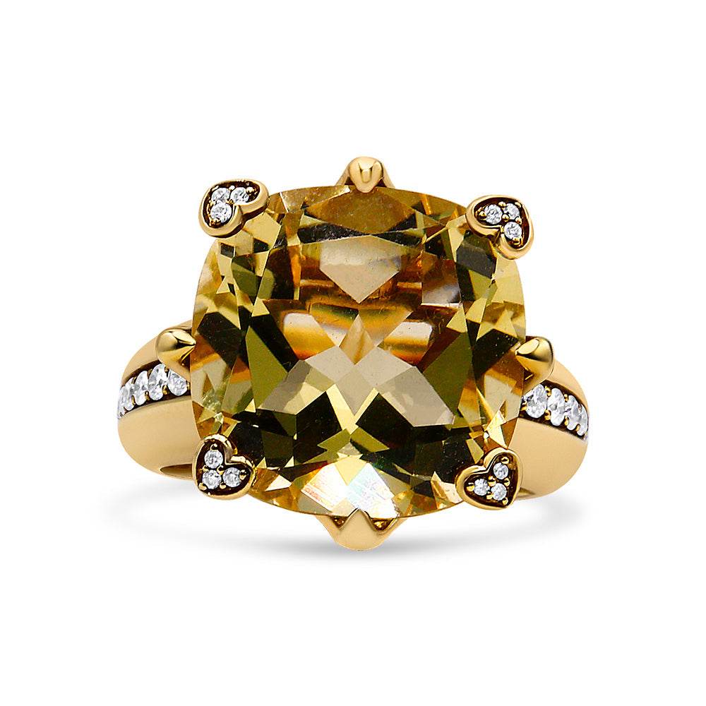 18K Yellow Gold 15x15mm Cushion Cut Lemon Quartz and 1/4 Cttw Diamond Accented Cocktail Ring (F-G Color, VS1-VS2 Clarity) - Bijoux-NYC Direct