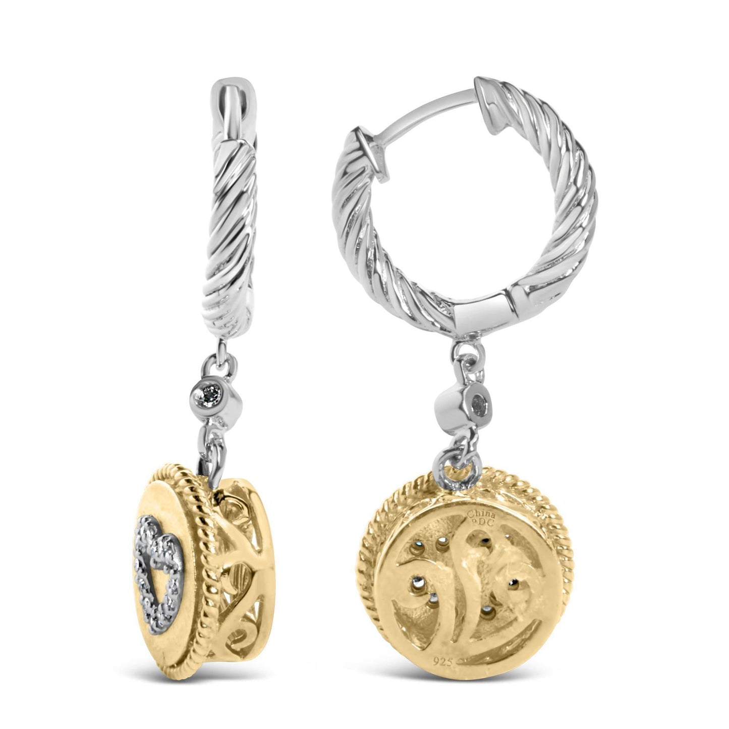 18K Yellow Gold Plated .925 Sterling Silver 1/8 Cttw Diamond Heart Medallion Drop and Dangle Earring (I-J Color, SI1-SI2 Clarity) - Bijoux-NYC Direct