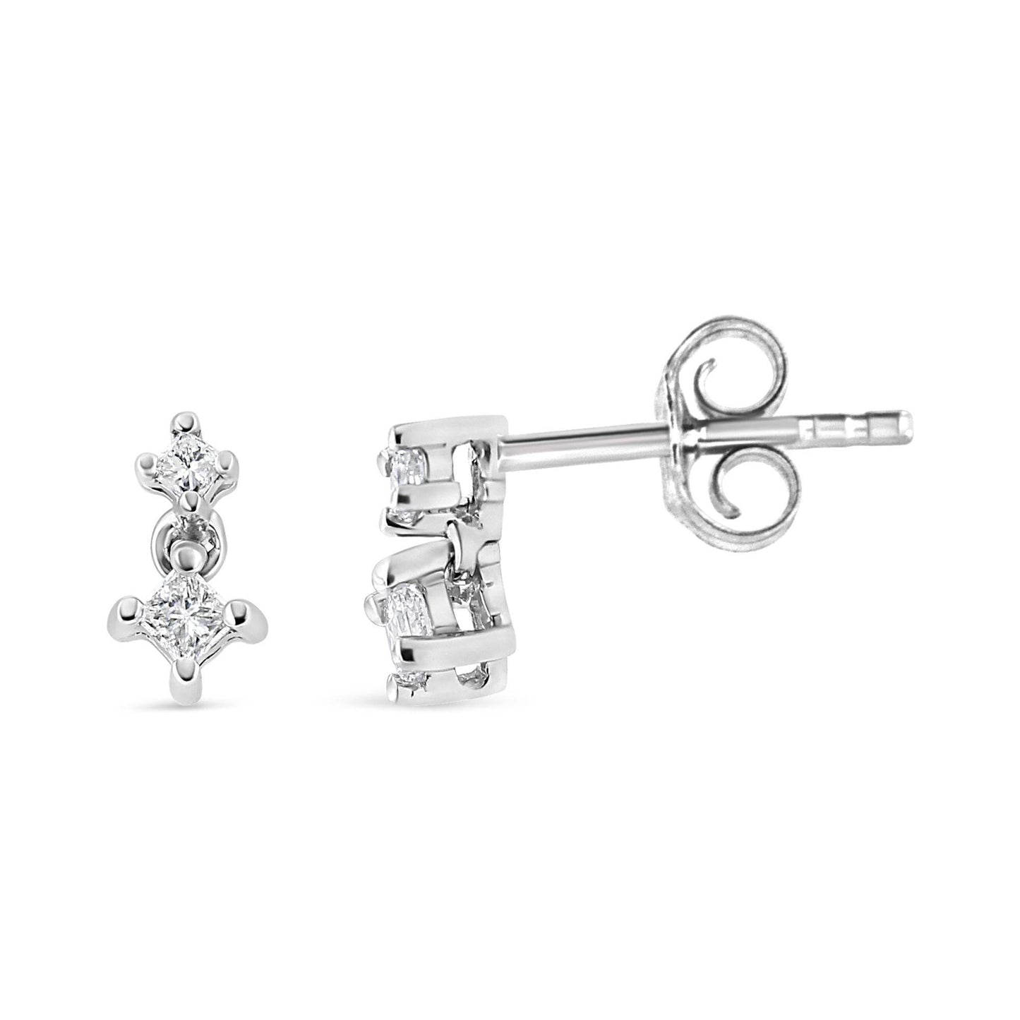 14K White Gold 1/4 Cttw 4 Prong Set Princess-Cut Double Diamond Drop and Dangle Stud Earrings (I-J Color, I2-I3 Clarity) - Bijoux-NYC Direct