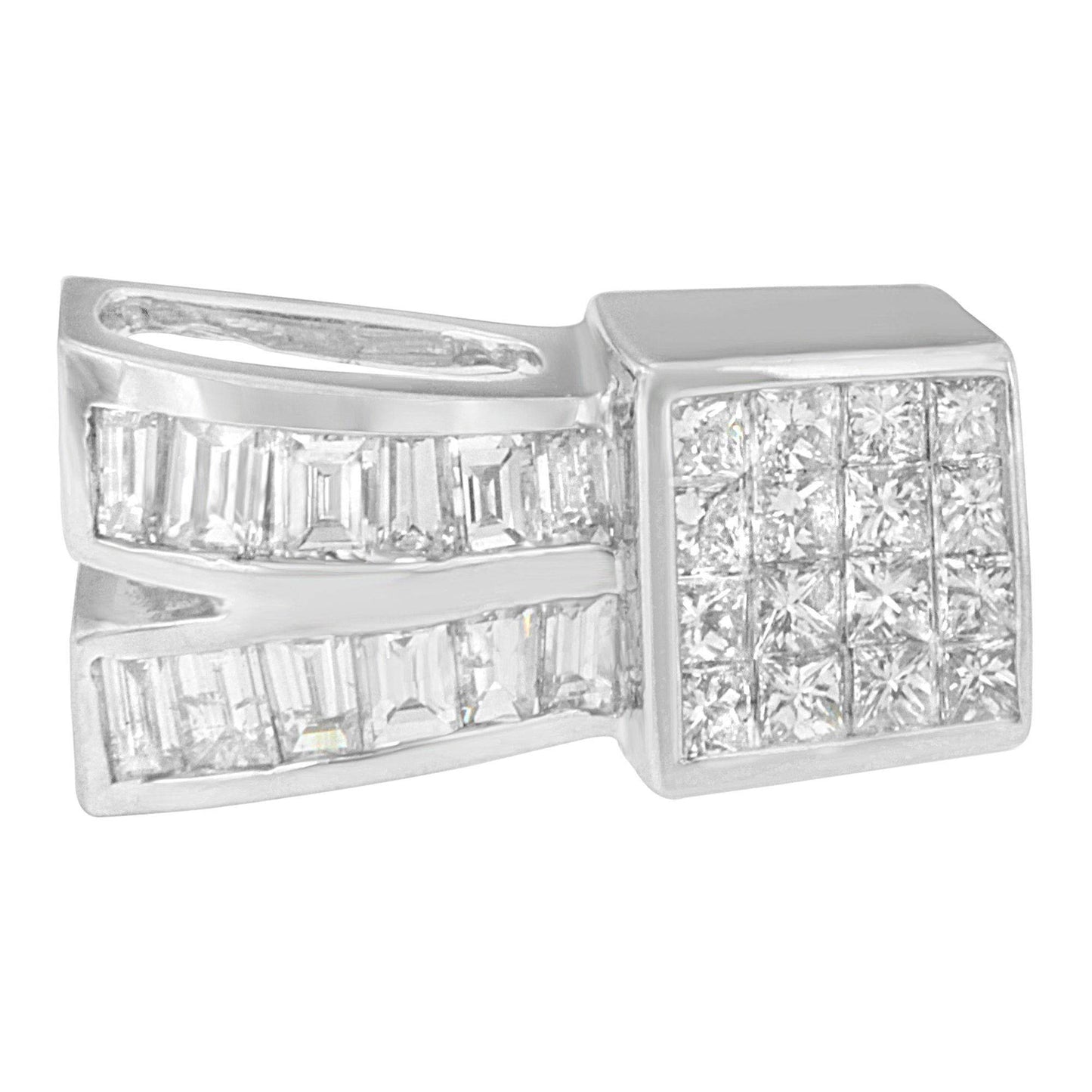 14K White Gold 1 5/8 cttw Princess and Baguette Cut Diamond Heart Ribbon Pendant Necklace (G-H, VS1-VS2) - Bijoux-NYC Direct