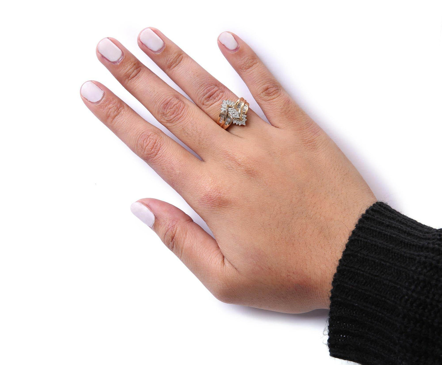 10K Two-Toned 1/2 Cttw Round And Baguette-Cut Composite Pear Head Diamond Ring (H-I Color, I2-I3 Clarity) - Bijoux-NYC Direct