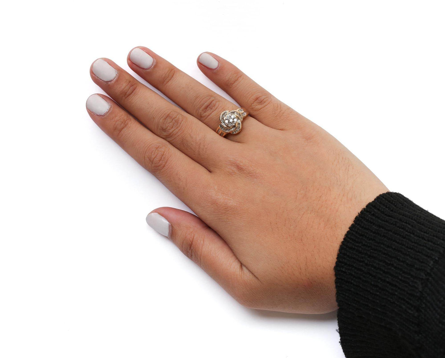 10K Yellow Gold 1/2 Cttw Round and Baguette Diamond Flower Swirl Cocktail Ring (I-J Color, SI2-I1 Clarity) - Bijoux-NYC Direct