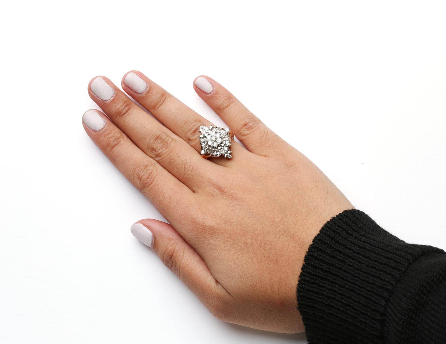 10K Yellow Gold 1 Cttw Round and Baguette cut Diamond Cluster and Rhombus Halo Ring (H-I Color, I1-I2 Clarity) - Bijoux-NYC Direct