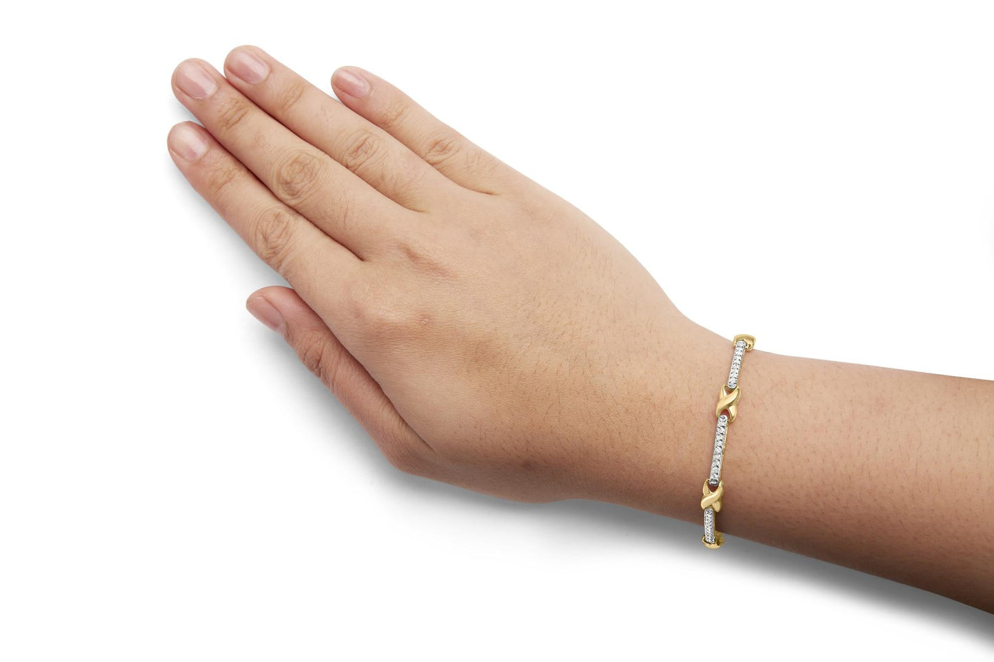 10K Yellow Gold 1.00 Cttw Pave Set Diamond Bar and X-Link 7" Bracelet (I-J Color, I3 Quality)