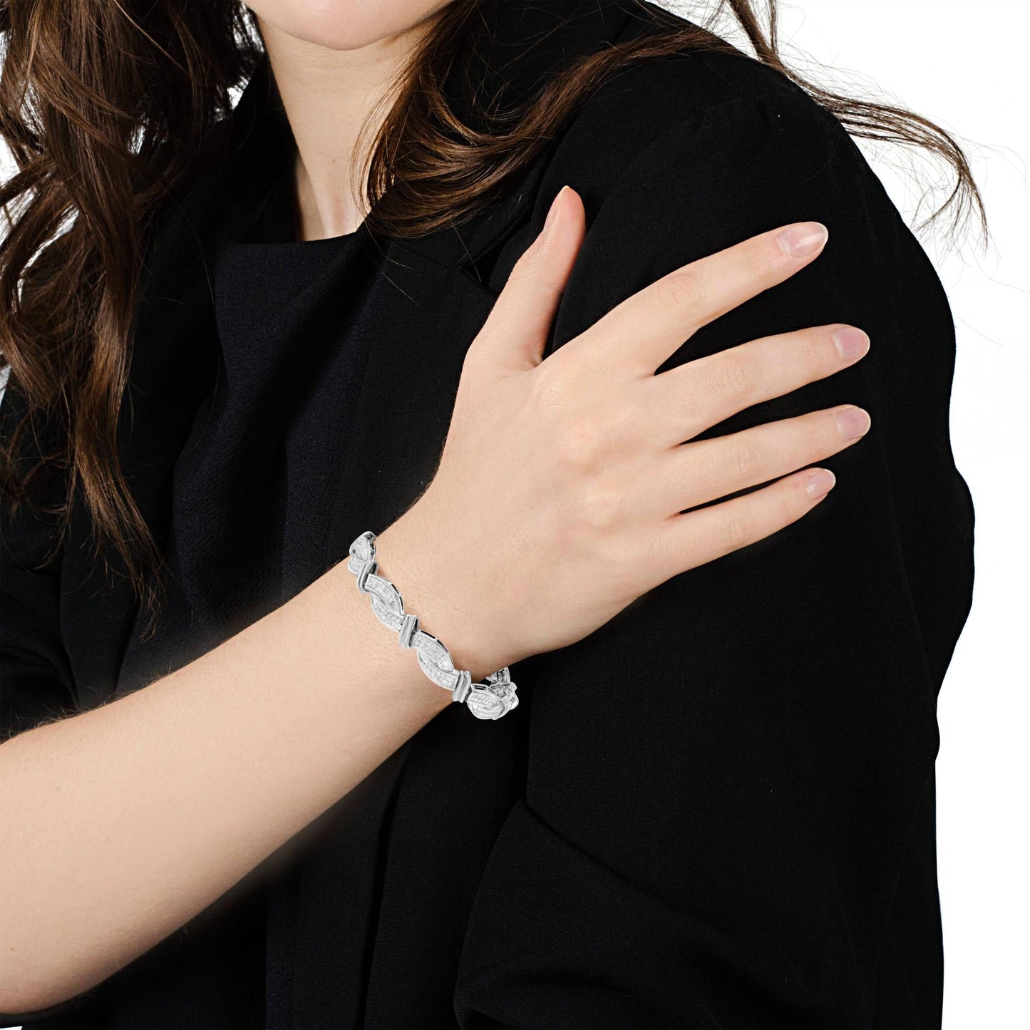 14K White Gold 4.0 Cttw Invisble Set Princess-Cut Diamond Wave Style Link Bracelet (H-I Color, SI2-I1 Clarity) - 7" - Bijoux-NYC Direct