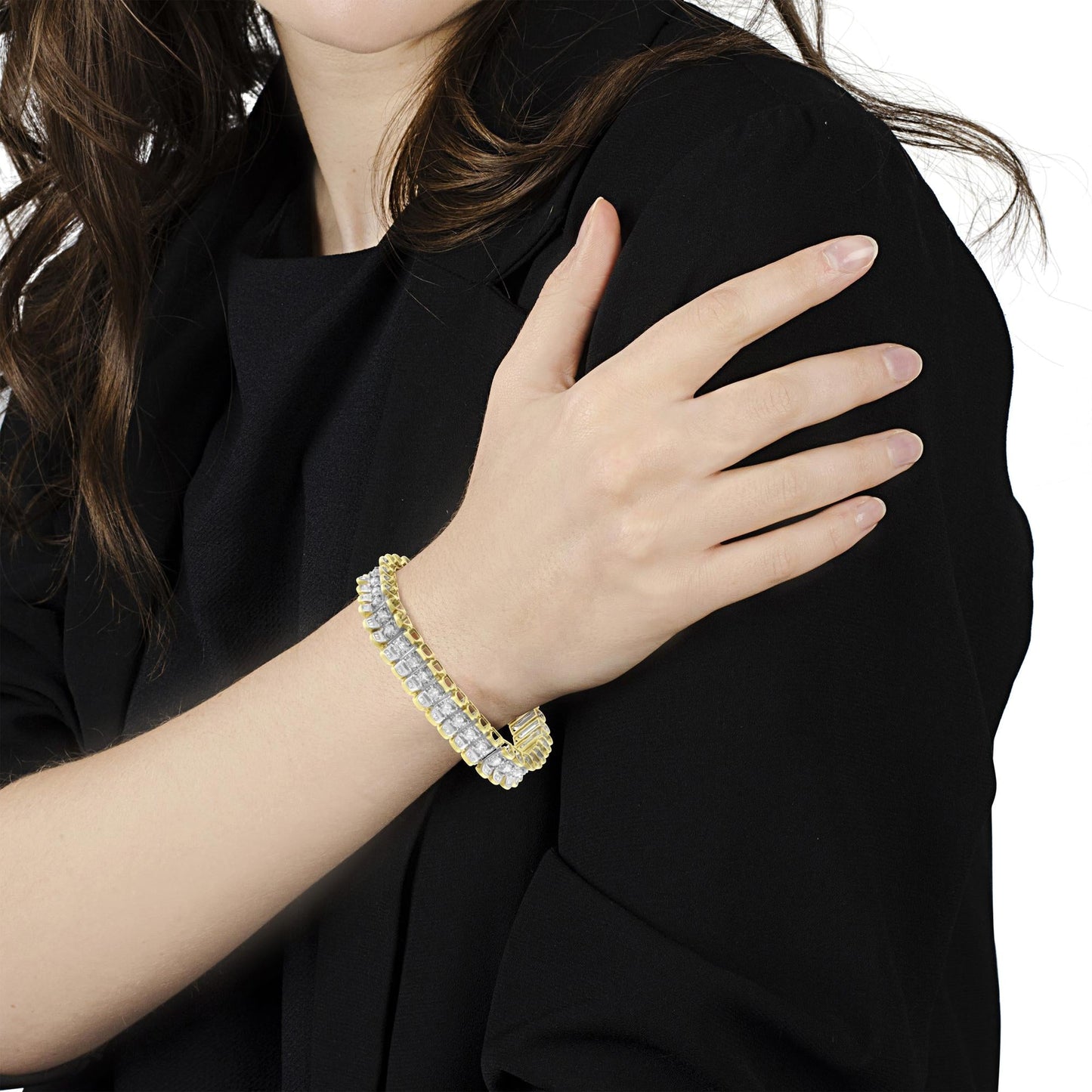 14K Yellow and White Gold 5.0 Cttw Round & Baguette Cut Diamond 7" Reflective Tennis Bracelet (H-I Color, I1-I2 Clarity) - Bijoux-NYC Direct