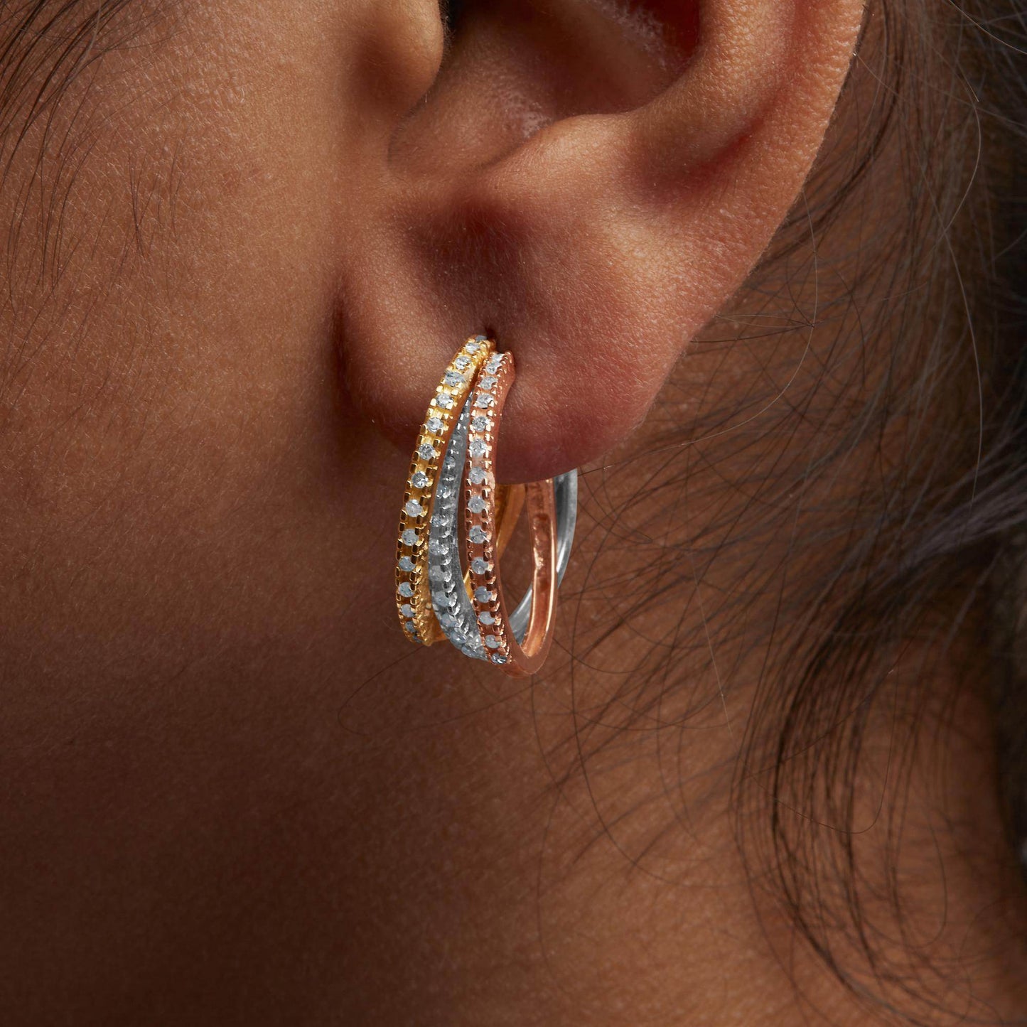 14K Tri-Toned Gold 1/3 Cttw Diamond Triple Hoop Earrings (I-J Color, I2-I3 Clarity) - 22 MM - Bijoux-NYC Direct