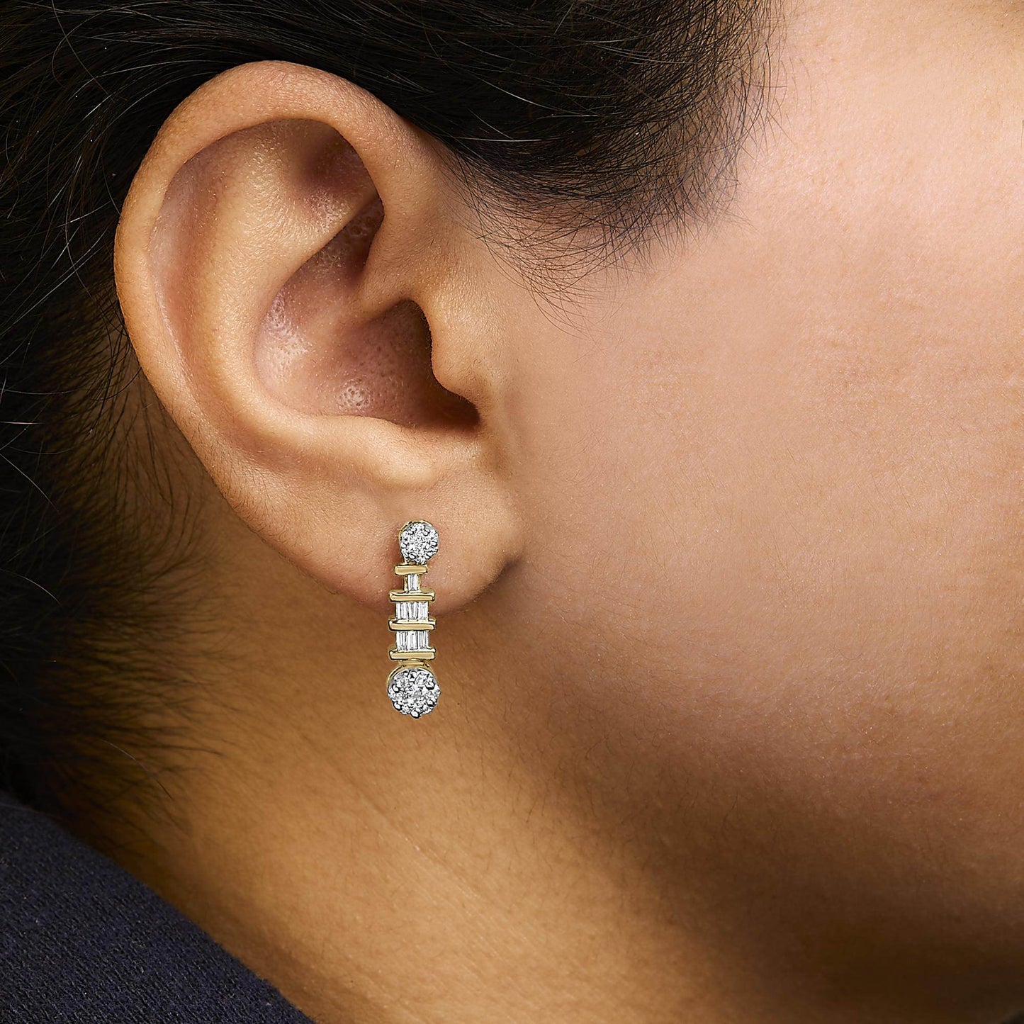 14K Yellow Gold 3/4ct. TDW Round and Baguette-cut Diamond Earrings(H-I,SI1-SI2) - Bijoux-NYC Direct