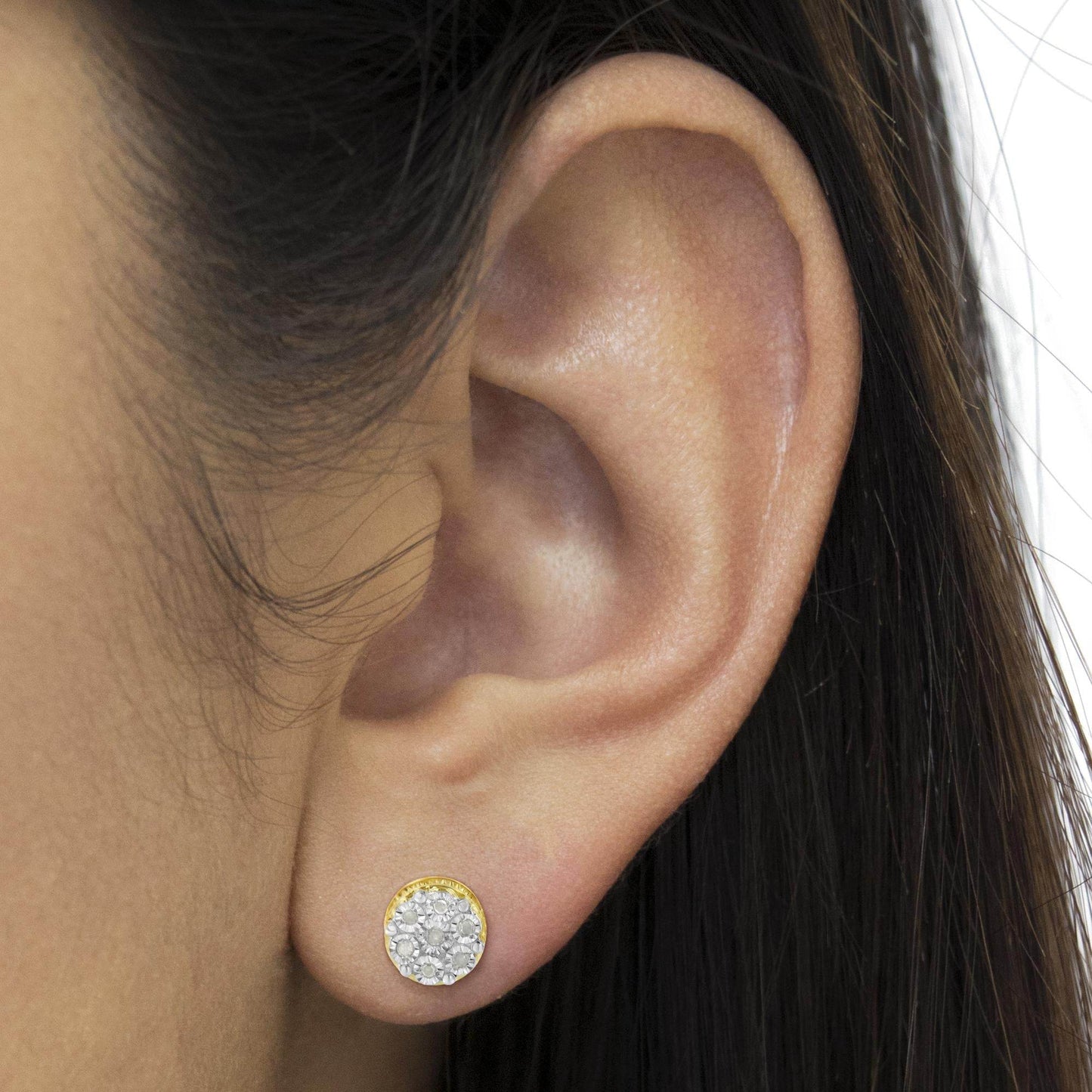 10K Yellow Gold over .925 Sterling Silver 1/7 Cttw Rose-Cut Miracle-Set Diamond Floral Cluster Button Stud Earrings (I-J Color, I3 Clarity) - Bijoux-NYC Direct