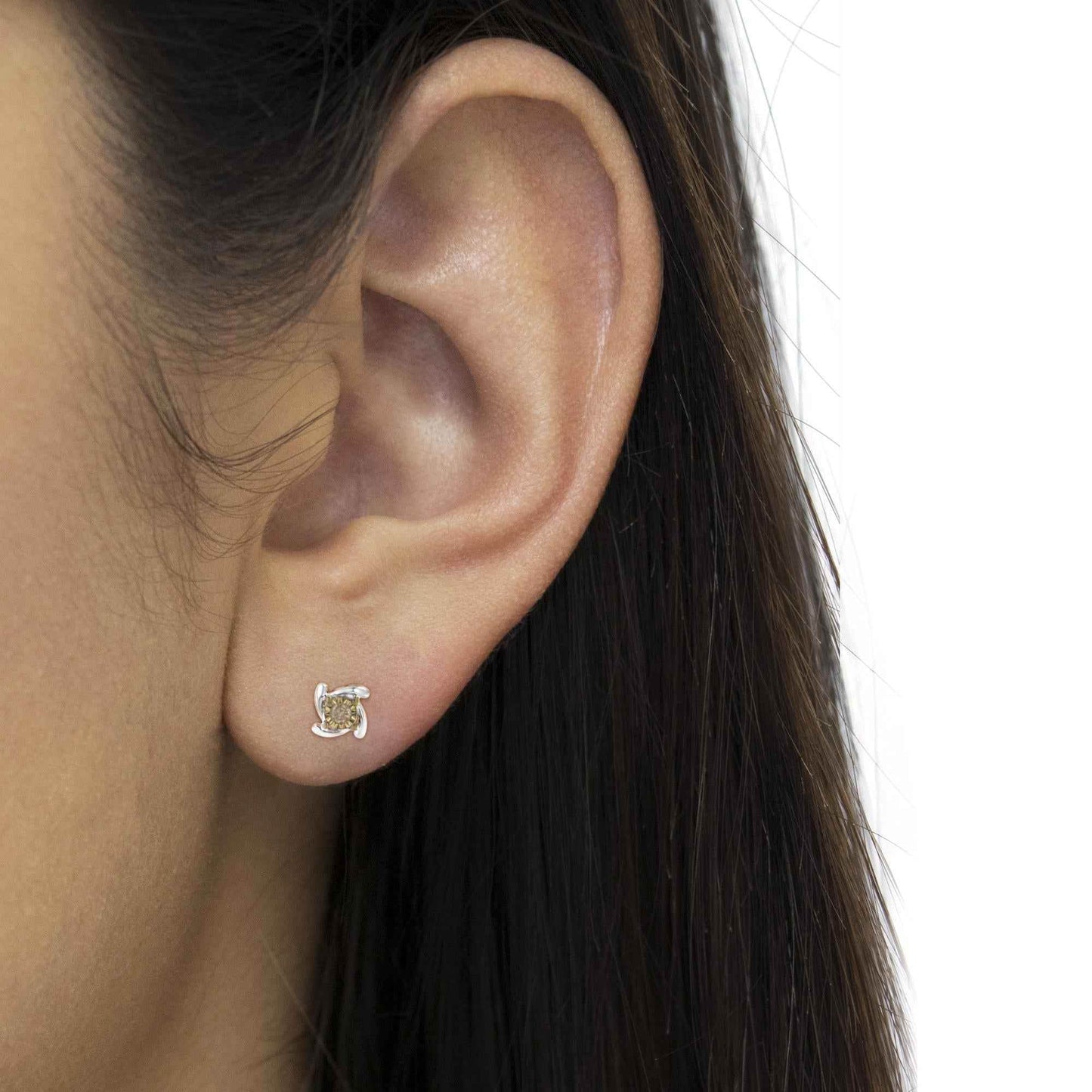 Two-Toned Sterling-Silver Diamond Stud Earring (0.10 cttw, Champagne Color, I2-I3 Clarity) - Bijoux-NYC Direct