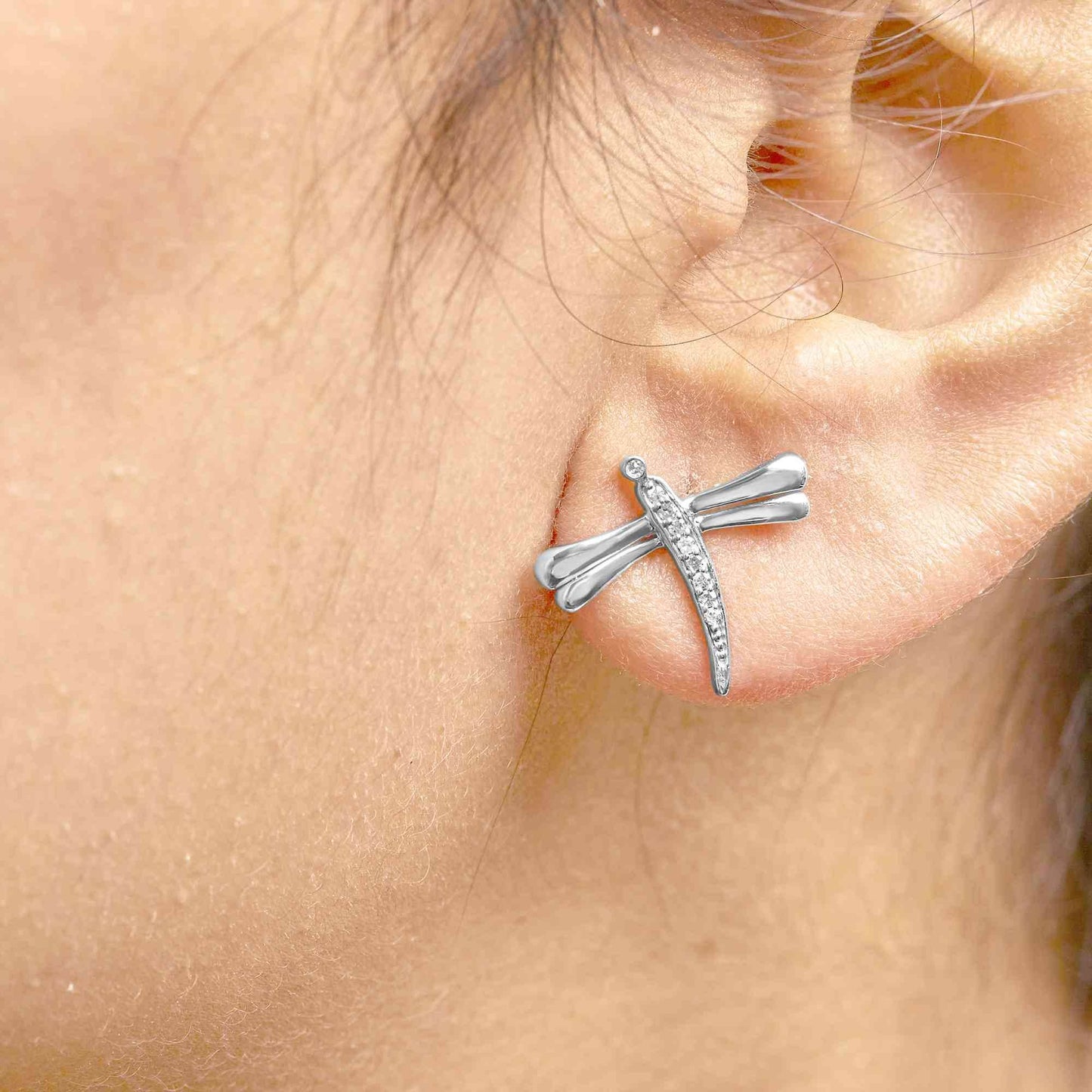 .925 Sterling Silver Diamond Accent Dragonfly Stud Earrings (I-J Color, I2-I3 Clarity) - Bijoux-NYC Direct