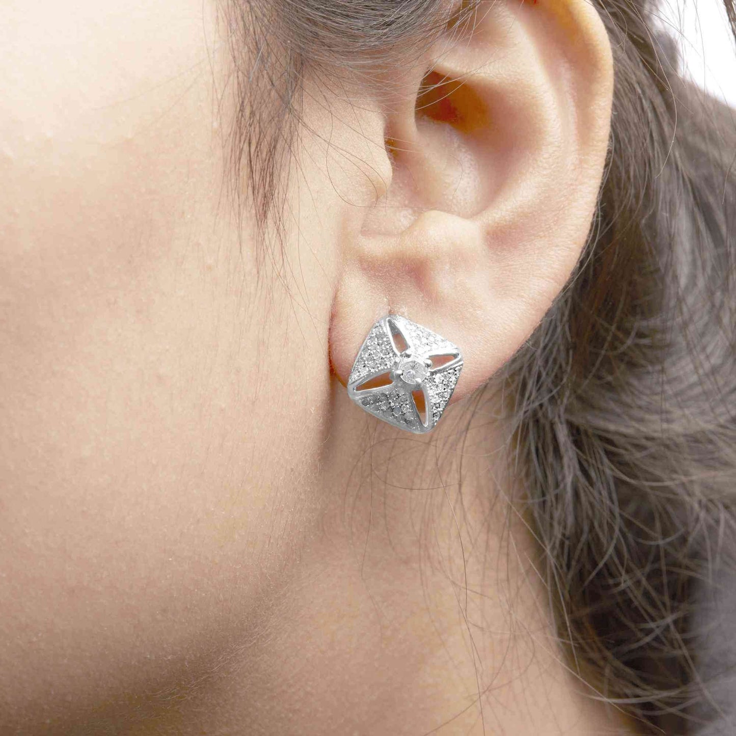 .925 Sterling Silver 1.0 Cttw Diamond Studded Rhombus Stud Earring (H-I Color, I2-I3 Clarity) - Bijoux-NYC Direct