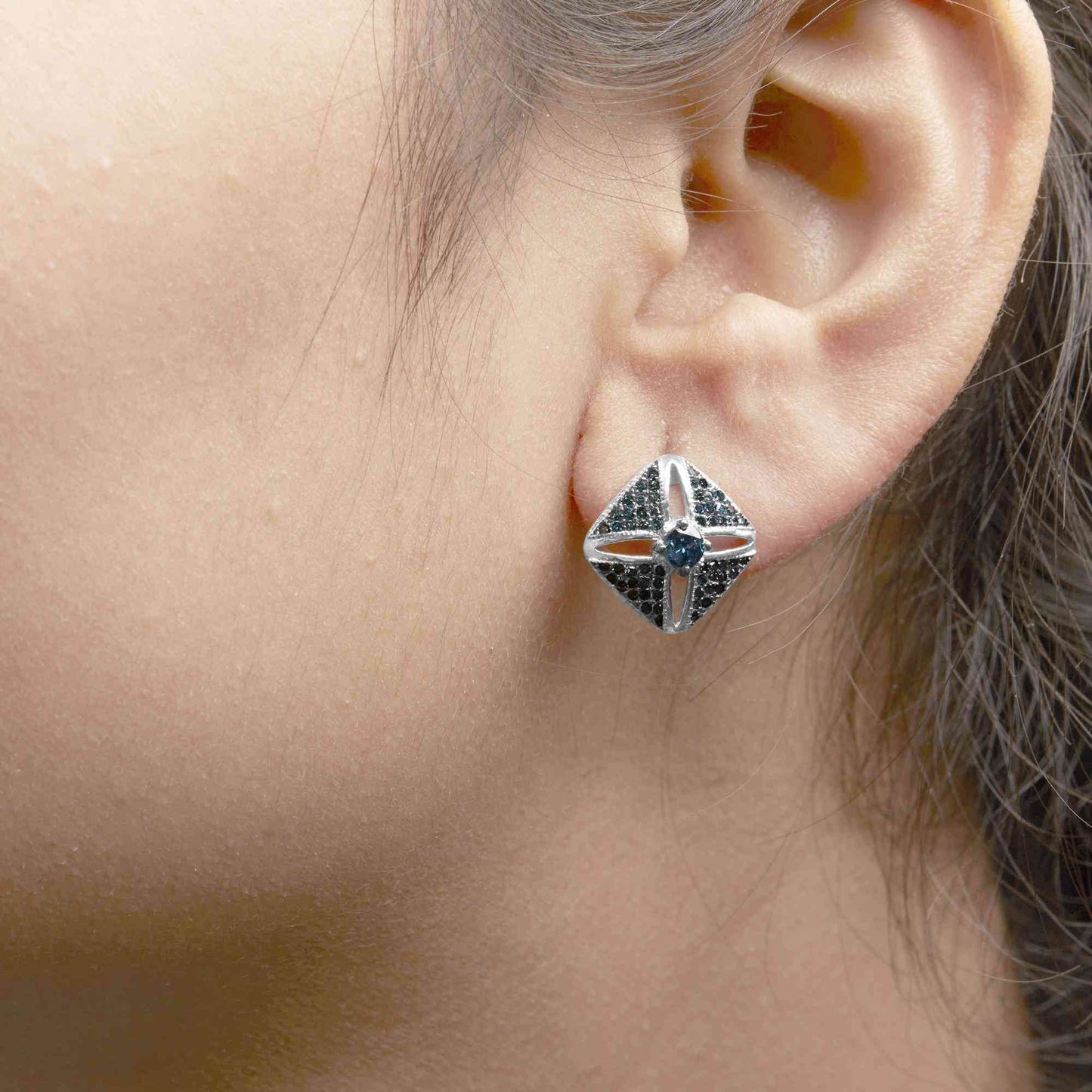 .925 Sterling Silver 1.0 Cttw Blue Diamond Studded Rhombus Stud Earring (Blue Color, I2-I3 Clarity) - Bijoux-NYC Direct