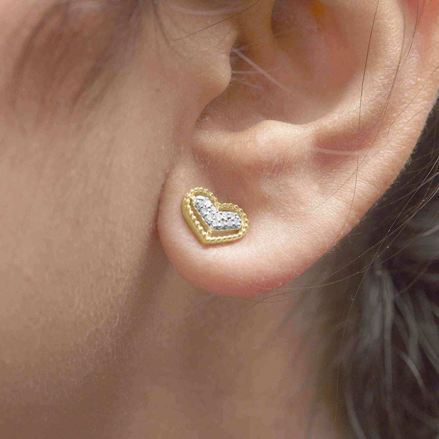 10K Yellow Gold 1/10 Cttw Diamond Heart and Beaded Halo Stud Earrings (I-J Color, I1-I2 Clarity) - Bijoux-NYC Direct