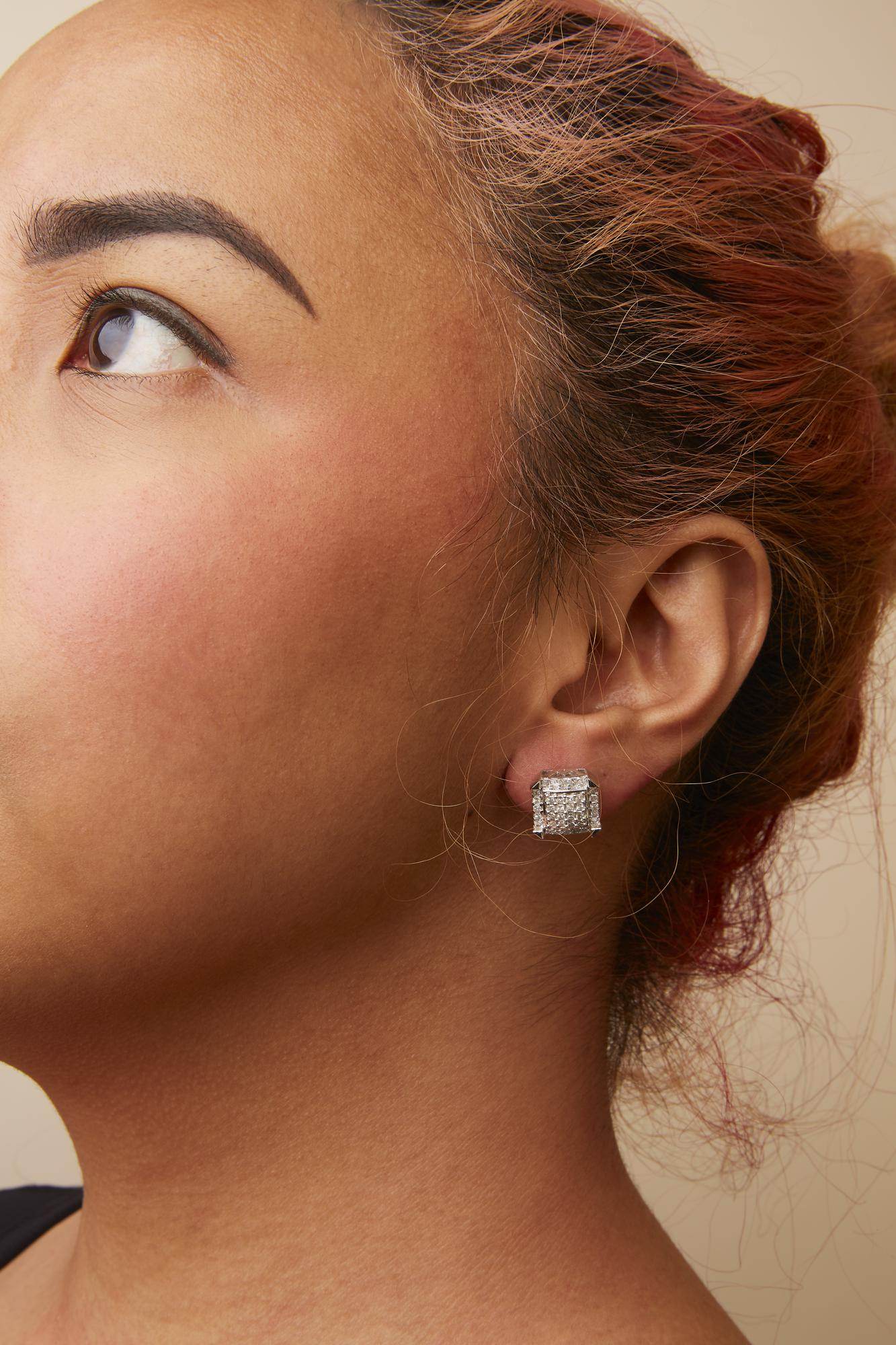 10K White Gold 1 1/10 Cttw Princess Diamond Composite and Halo Stud Earrings (I-J Color, I1-I2 Clarity) - Bijoux-NYC Direct