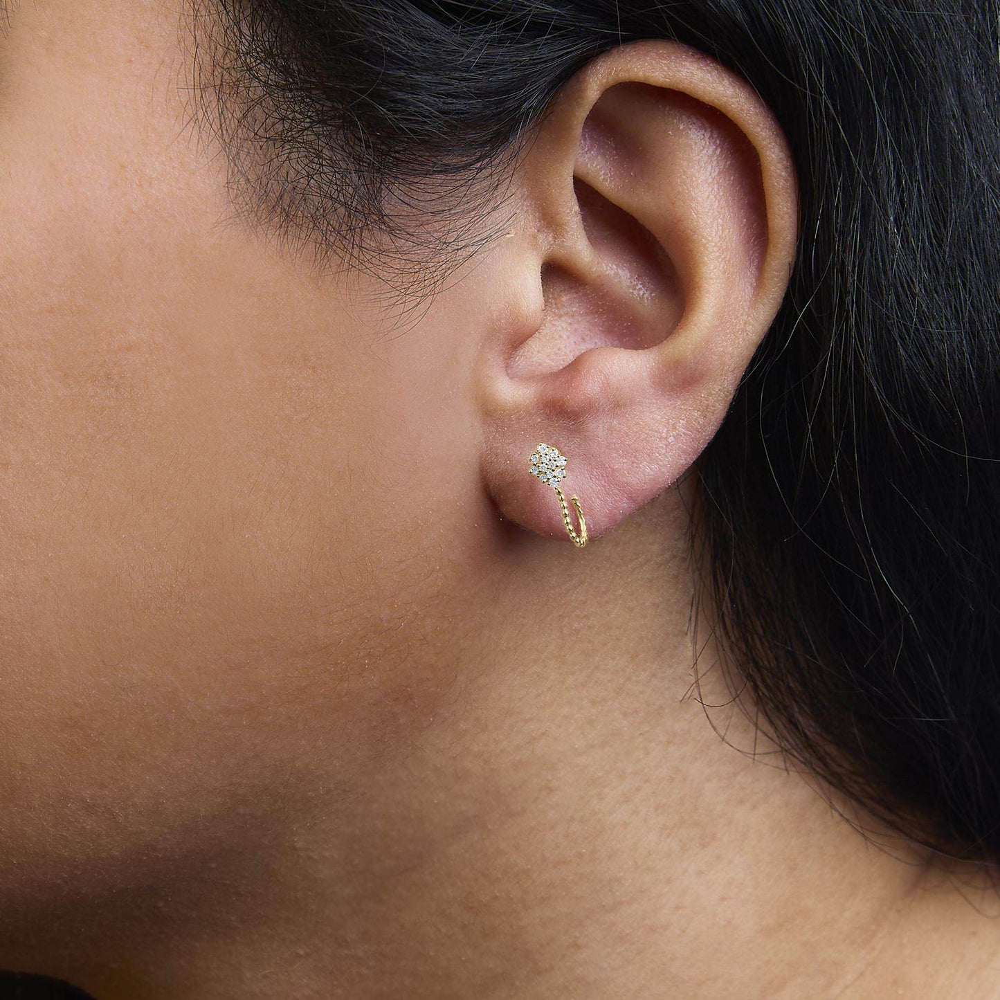 14K Yellow Gold Plated .925 Sterling Silver 1/10 Cttw Diamond Floral Cluster and Beaded Hoop Stud Earrings (H-I Color, I1-I2 Clarity) - Bijoux-NYC Direct