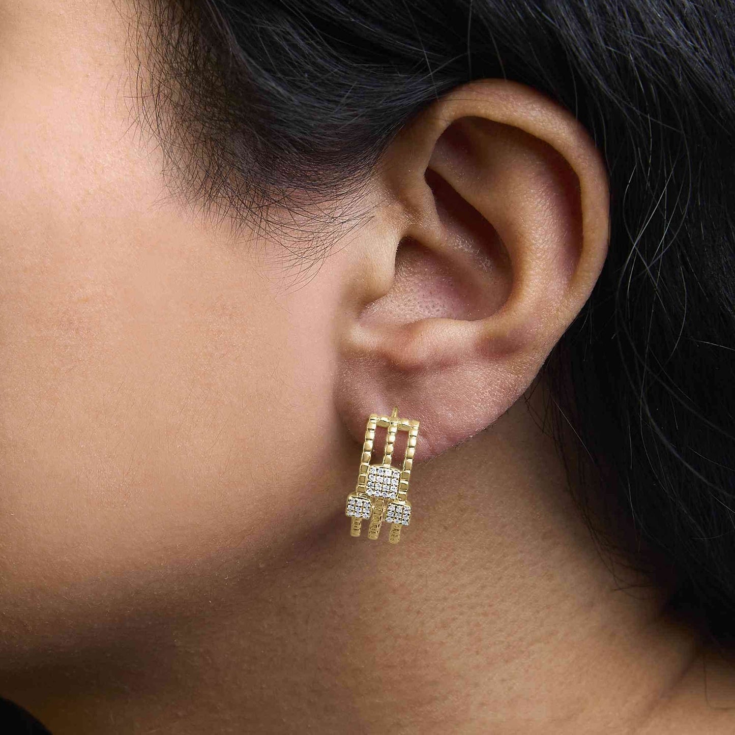 14K Yellow Gold Plated .925 Sterling Silver 1/4 Cttw Diamond Multi-Dimensional Link Dangle Stud Earrings (H-I Color, I1-I2 Clarity) - Bijoux-NYC Direct