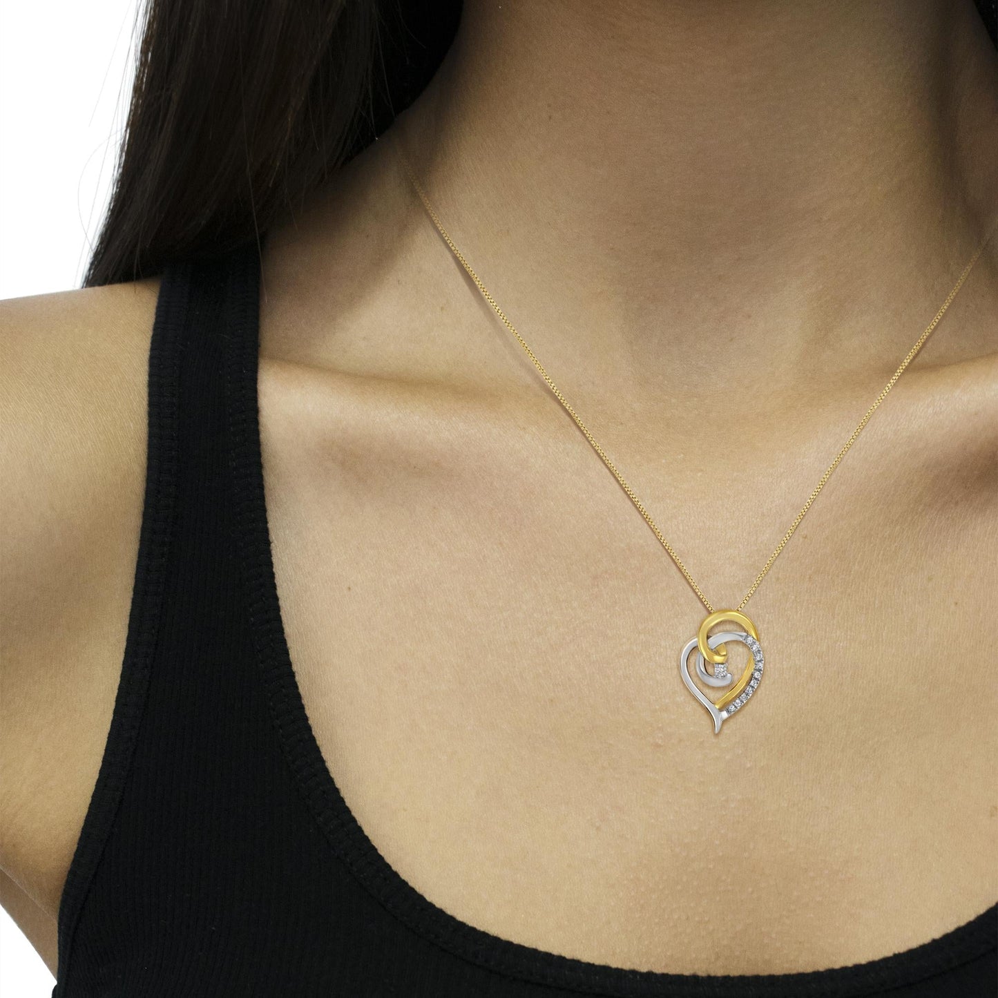 10K Yellow and White Gold Diamond Accent Open Double Heart Spiral Curl 18" Pendant Necklace (J-K Color, I2-I3 Clarity) - Bijoux-NYC Direct