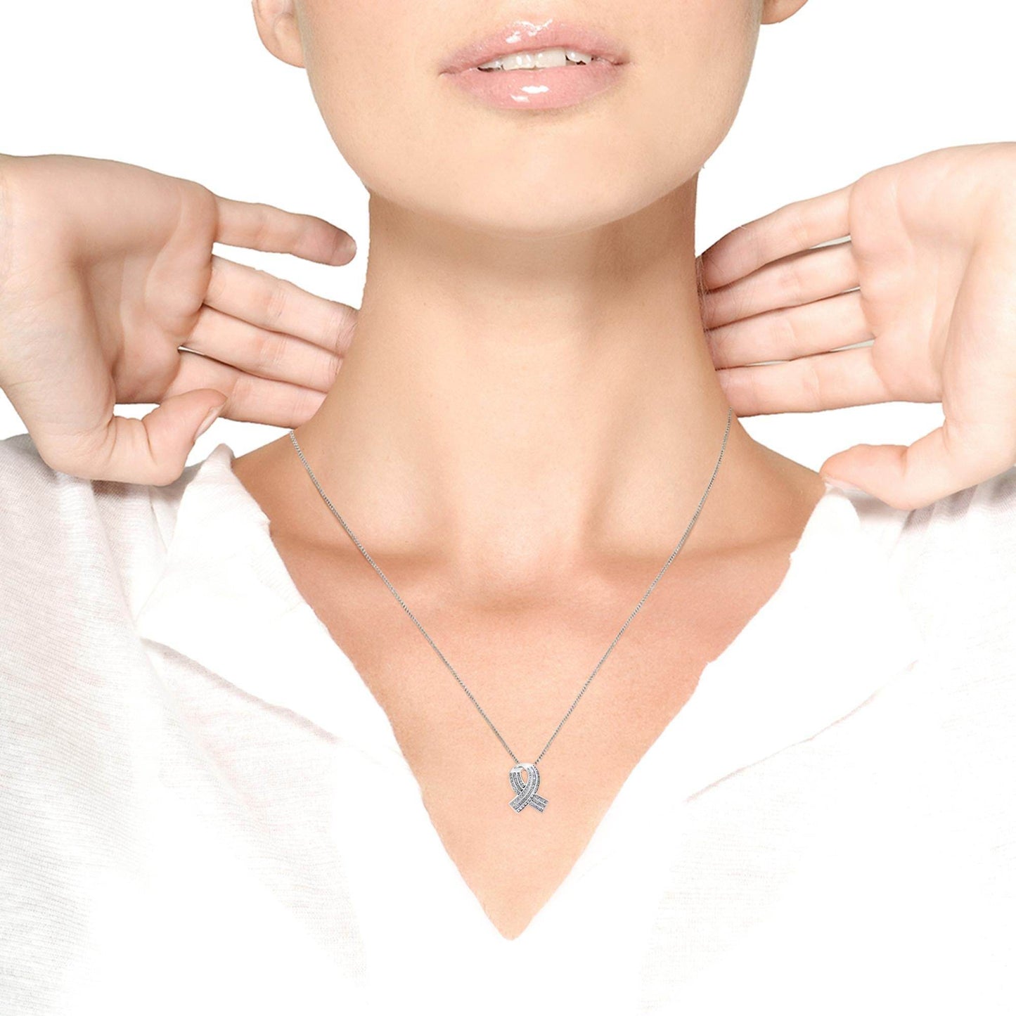 14K White Gold 2 5/8 Cttw Channel Set Round and Baguette Diamond Awareness Ribbon Pendant (H-I Color, I1-I2 Clarity) - Chain Not Included - Bijoux-NYC Direct