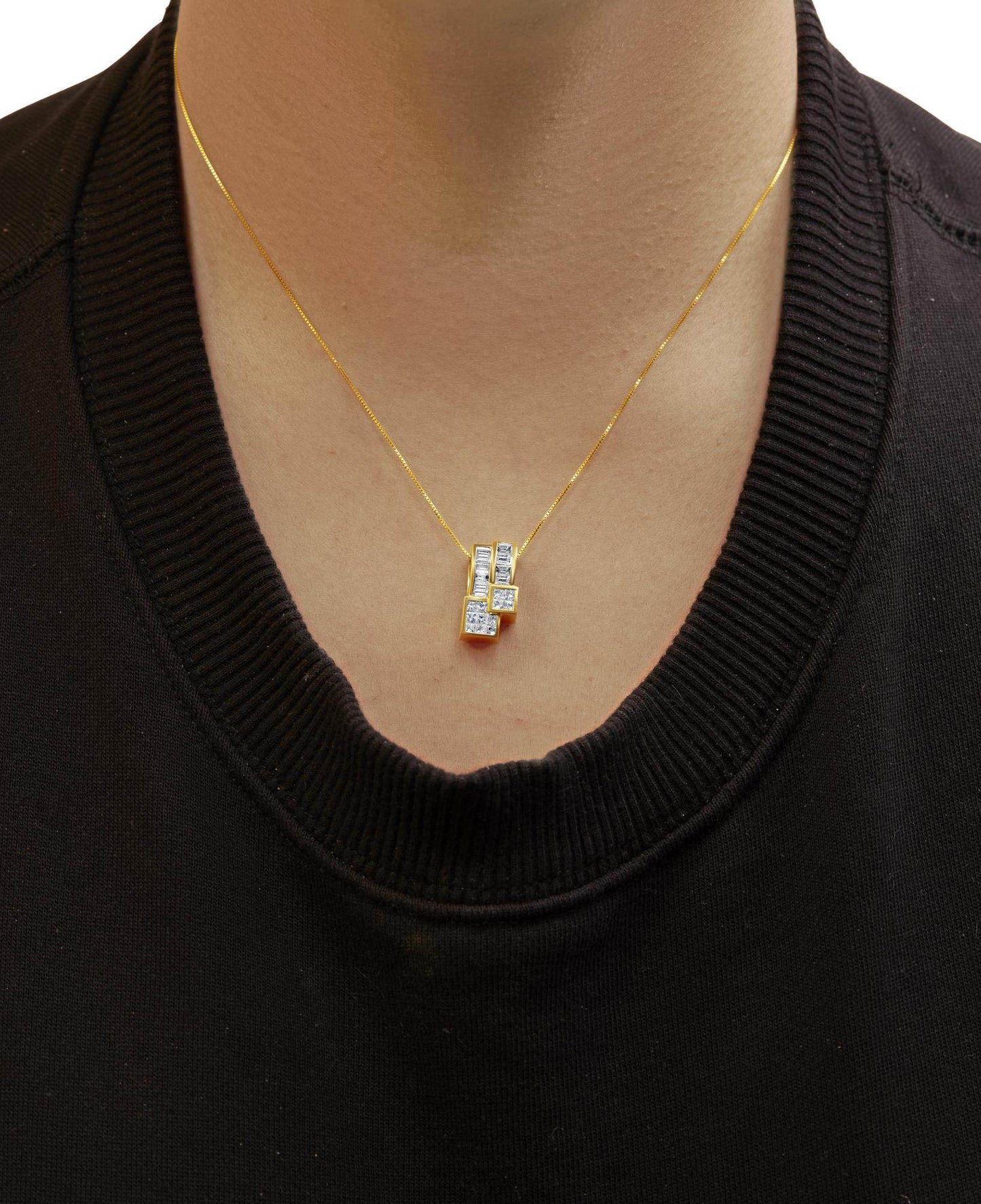 14K Yellow Gold 1 1/2 cttw Princess and Baguette Cut Diamond Geometric Pendant Necklace (H-I Color, VS1-VS2 Clarity) - Bijoux-NYC Direct