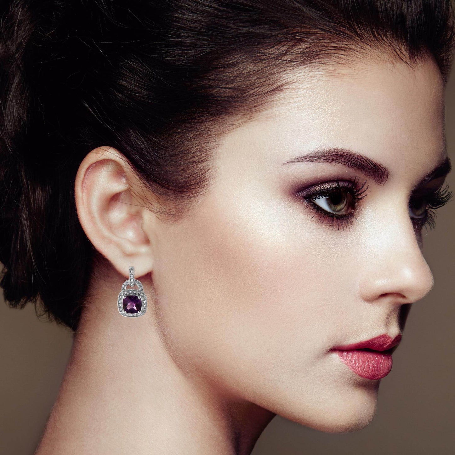 .925 Sterling Silver 8MM Natural Cushion Shaped Amethyst and Diamond Accent Halo with Push Back Dangle Earrings (I-J Color, I2-I3 Clarity) - Bijoux-NYC Direct