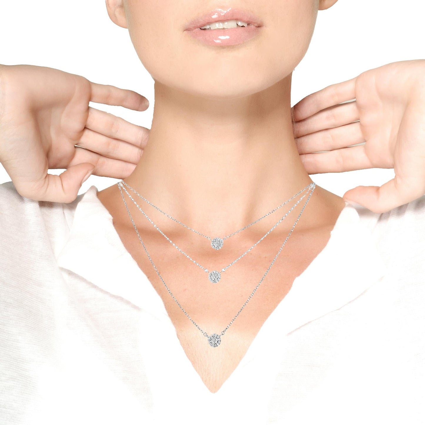 .925 Sterling Silver 1/2 Cttw Round Diamond Medallion Multi-Strand Tri Pendant 18" Necklace (H-I Color, I2-I3 Clarity) - Bijoux-NYC Direct