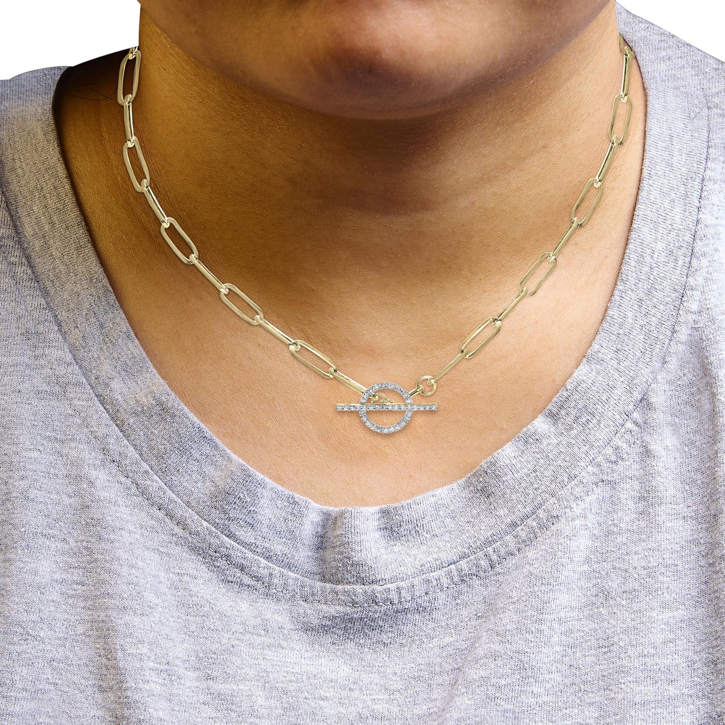 14KT Yellow Gold 1/4 Cttw Diamond Toggle Clasp Paperclip Link Necklace (I-J Color, I1-I2 Clarity) - 18" Inches