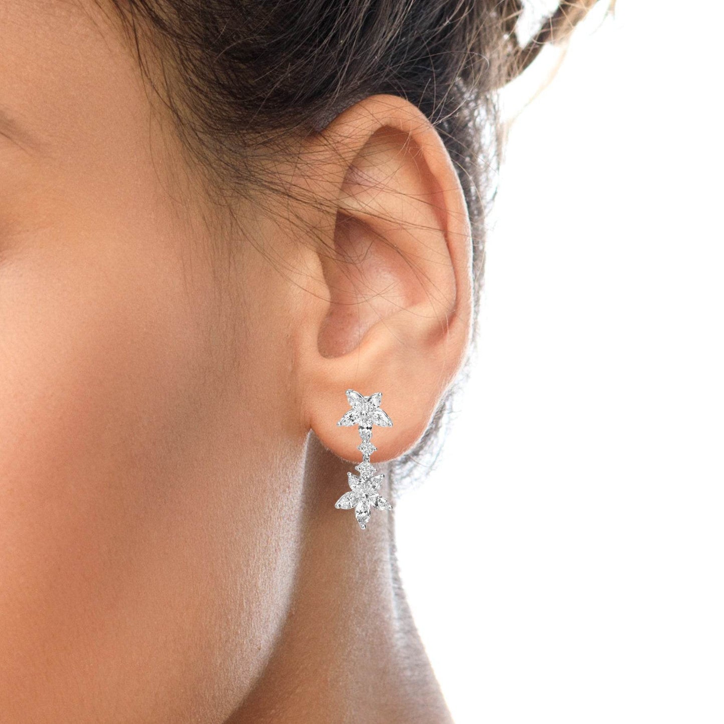 18k White Gold 6.0 Cttw Marquise Diamond Floral Dangle Drop Earrings (E-F Color, VS1-VS2 Clarity) - Bijoux-NYC Direct