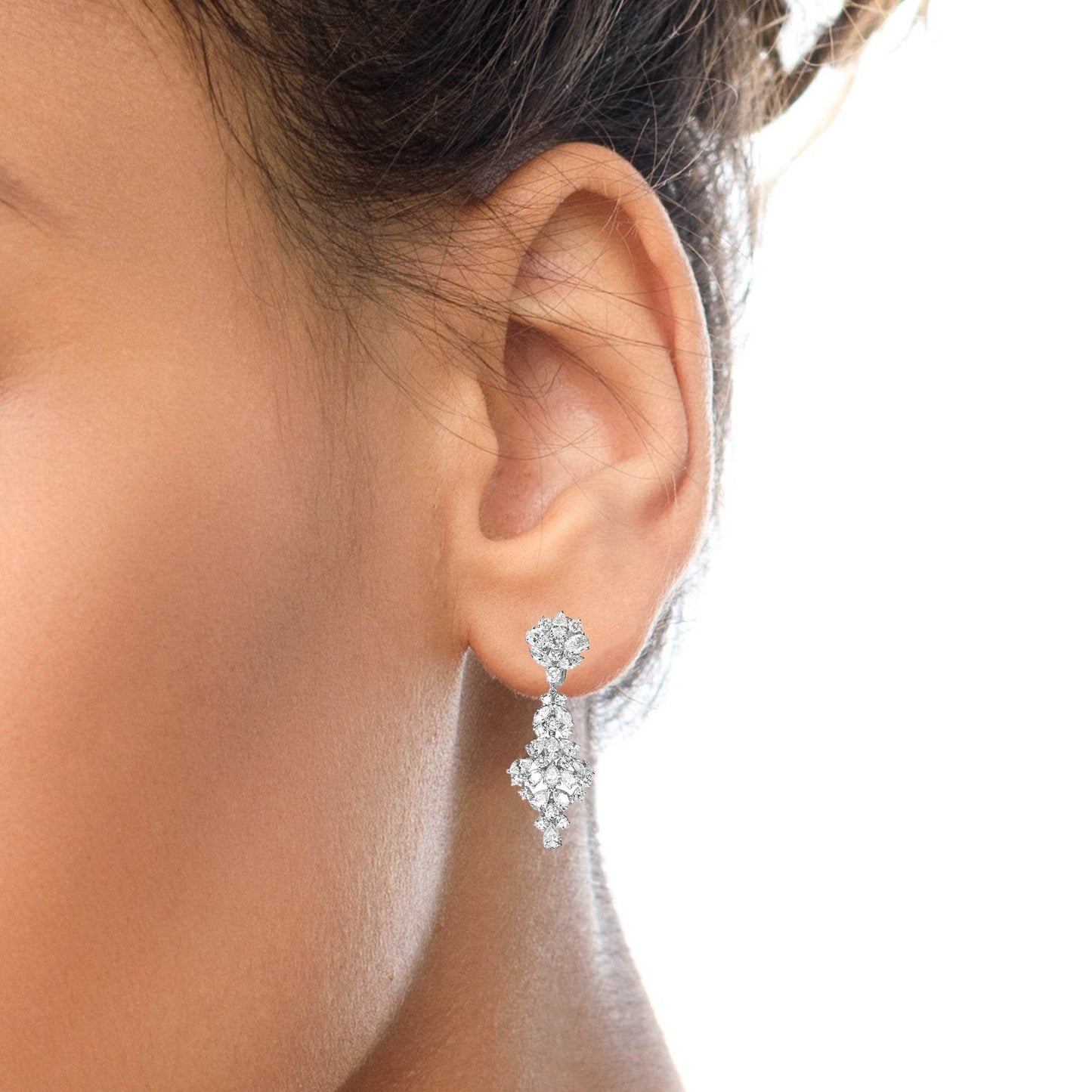18K White Gold 9 1/2 Cttw Diamond Cluster Drop Dangle Clip-On Earrings (F-G Color, VS1-VS2 Clarity) - Bijoux-NYC Direct