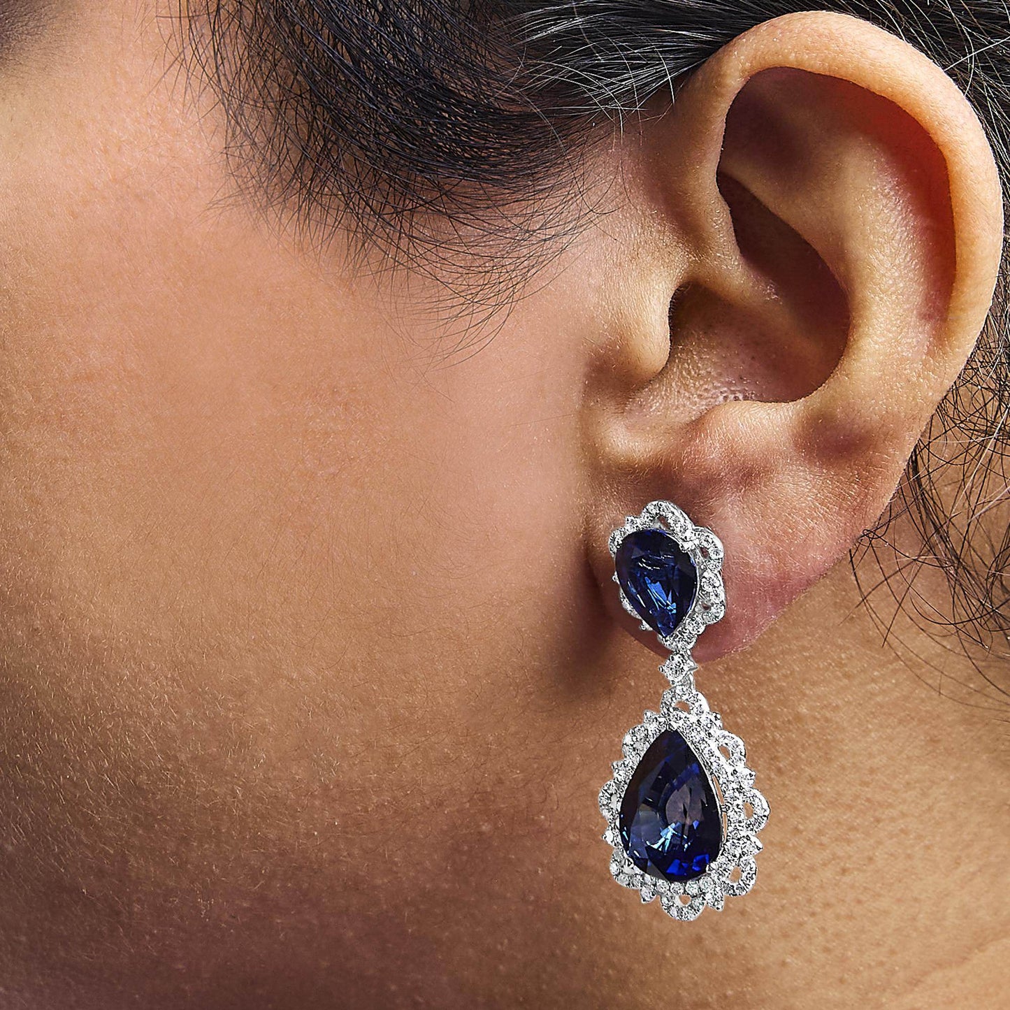18K White Gold Blue Sapphire and Diamond 2.00 Cttw Diamond Halo Drop and Dangle Earring (G-H Color, SI1-SI2 Clarity) - Bijoux-NYC Direct