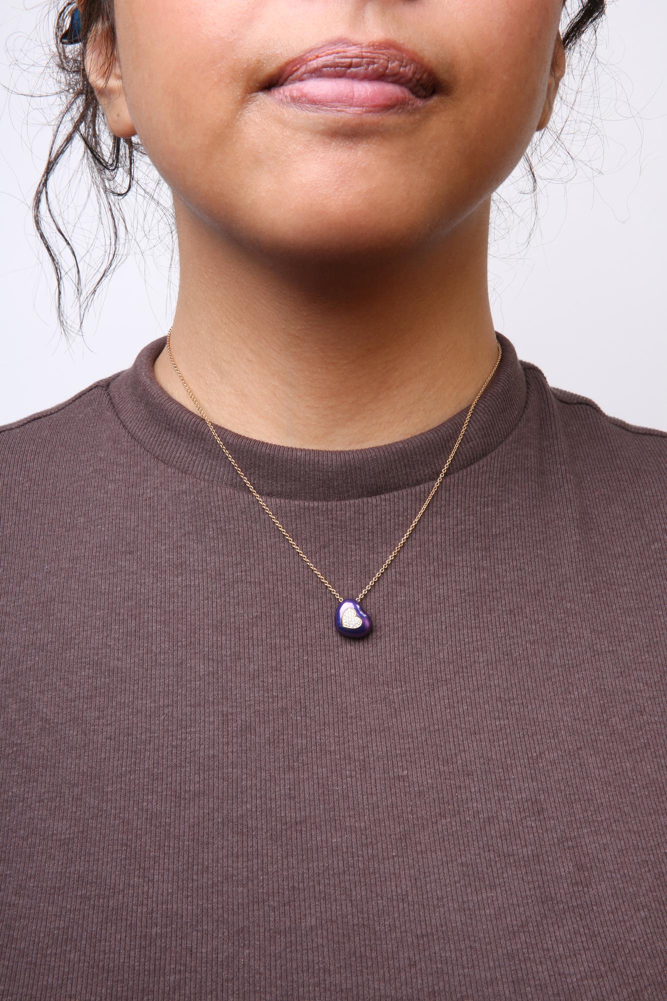 18K Yellow Gold Blue Enamel 1/10 Cttw Round Pave Diamonds Heart Shape 18" Pendant Necklace (G-H Color, SI1-SI2 Clarity) - Adjustable up to 16" - 18" - Bijoux-NYC Direct