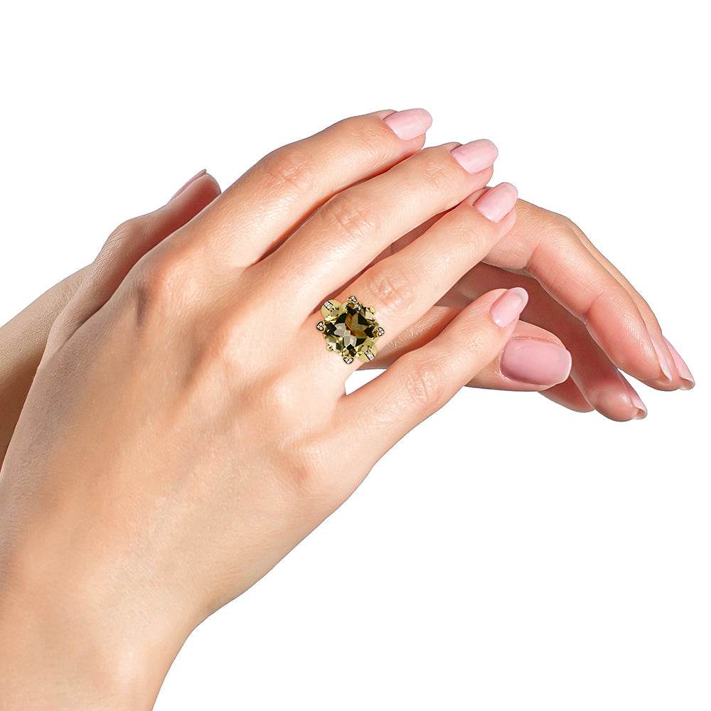18K Yellow Gold 15x15mm Cushion Cut Lemon Quartz and 1/4 Cttw Diamond Accented Cocktail Ring (F-G Color, VS1-VS2 Clarity) - Bijoux-NYC Direct